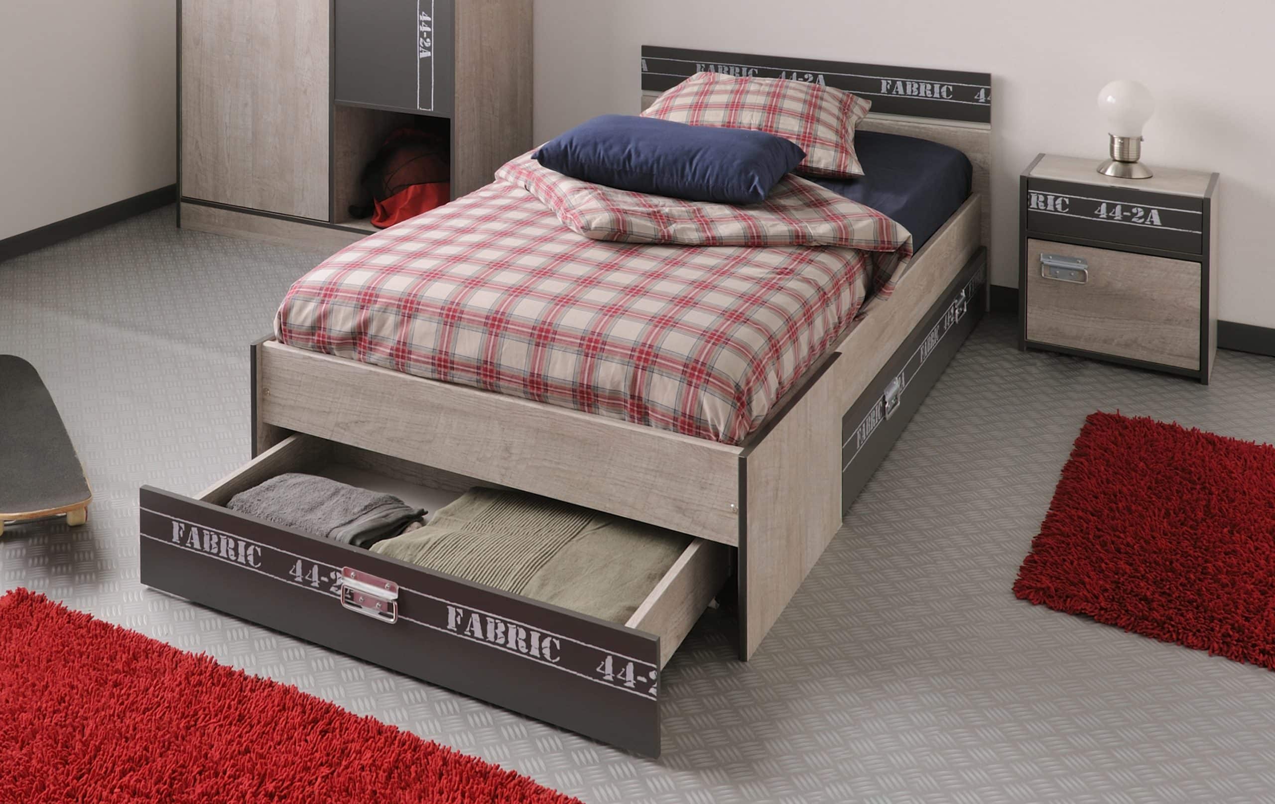 Parisot Bett mit Schubkästen und Nako "Fabric 3" Esche-grau