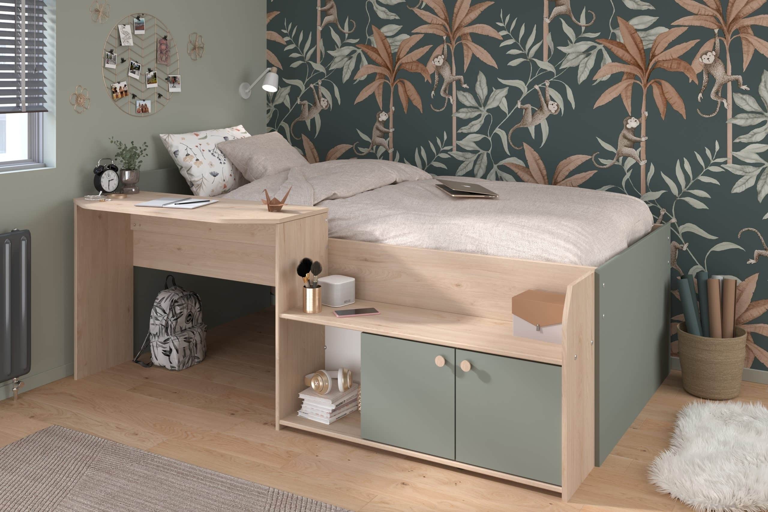 Parisot Halbhohes Hochbett "Jade 1" Seladon Grün  / Jackson-Eiche