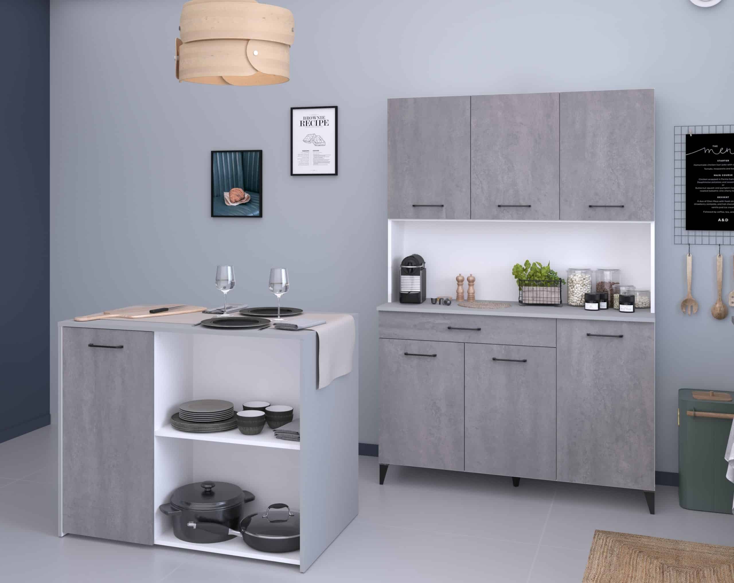 Parisot Küchenbuffet-Set "Malice 4" Weiß / Beton Optik hell