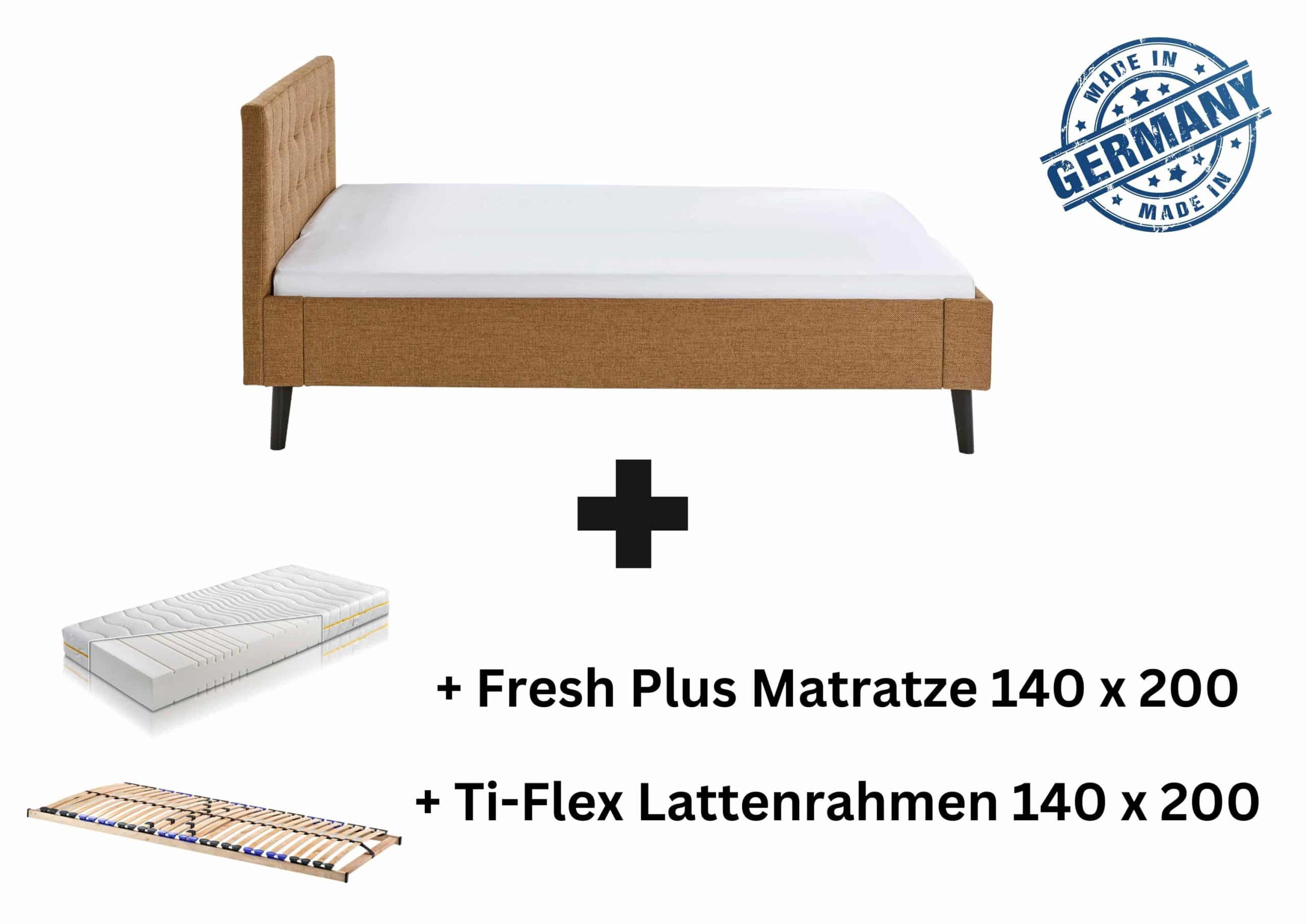 Polsterbett 140 x 200 Amira Bettgestell mit Kopfteil Ocker