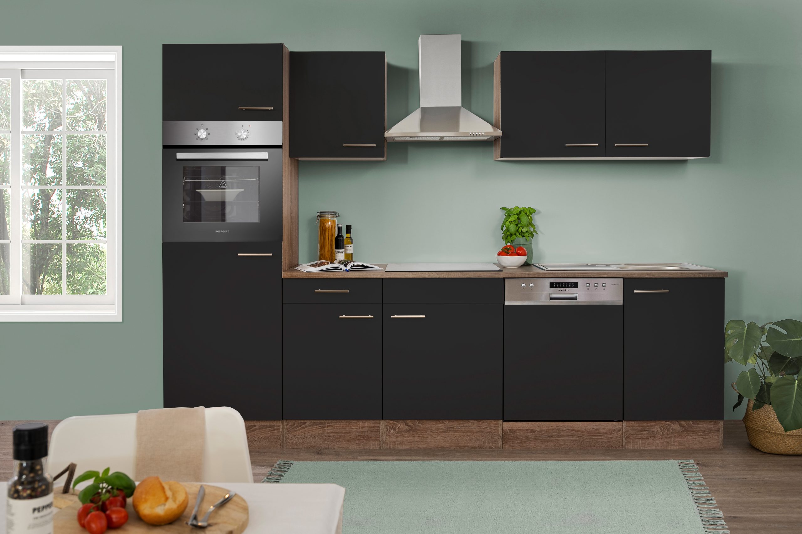 Respekta Küchenprogramm Eiche York Küchenzeile 280 cm inkl. E- Geräte & Mineralite Einbauspüle