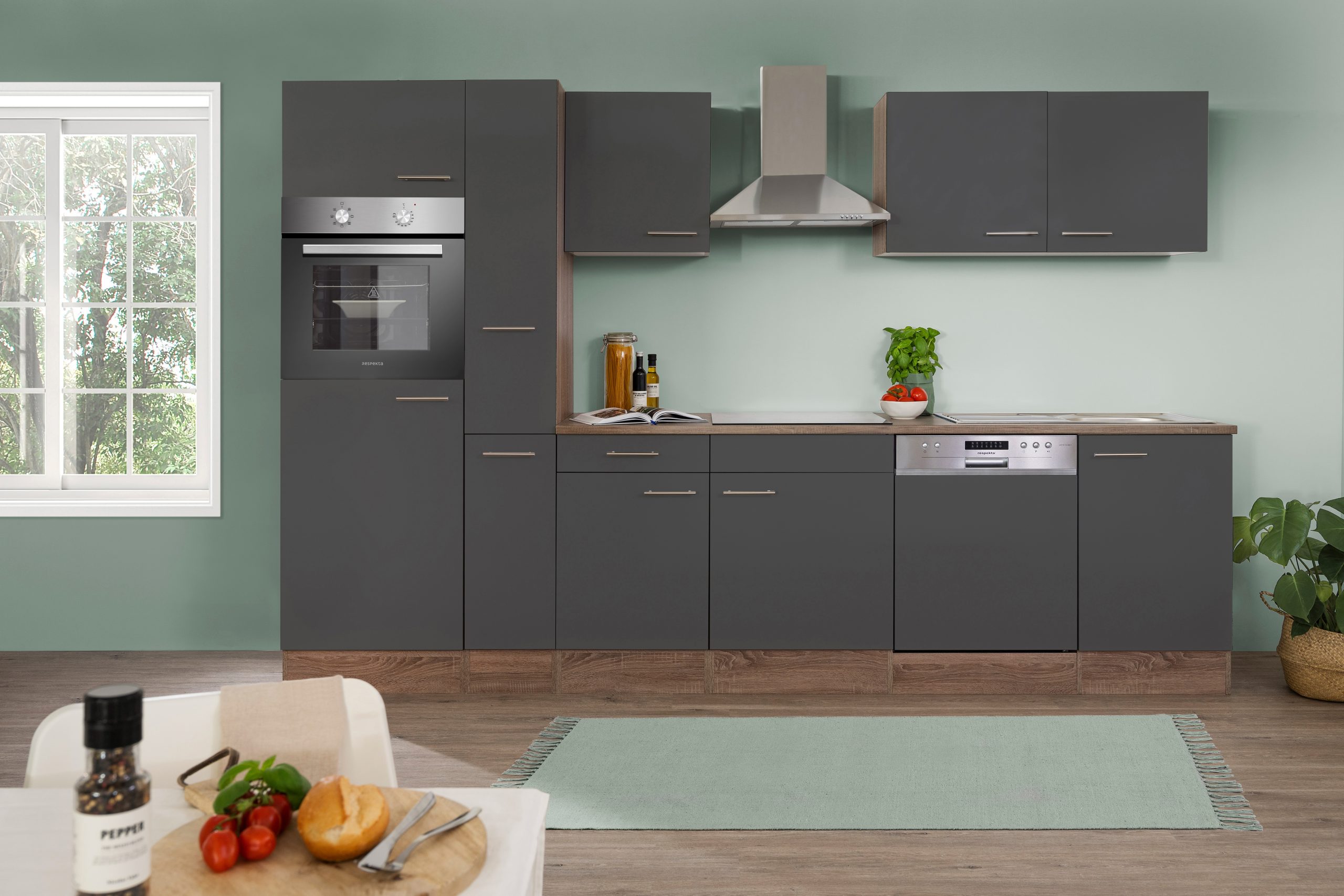 Respekta Küchenprogramm Eiche York Küchenzeile 310 cm inkl. E-Geräte & Mineralite Einbauspüle