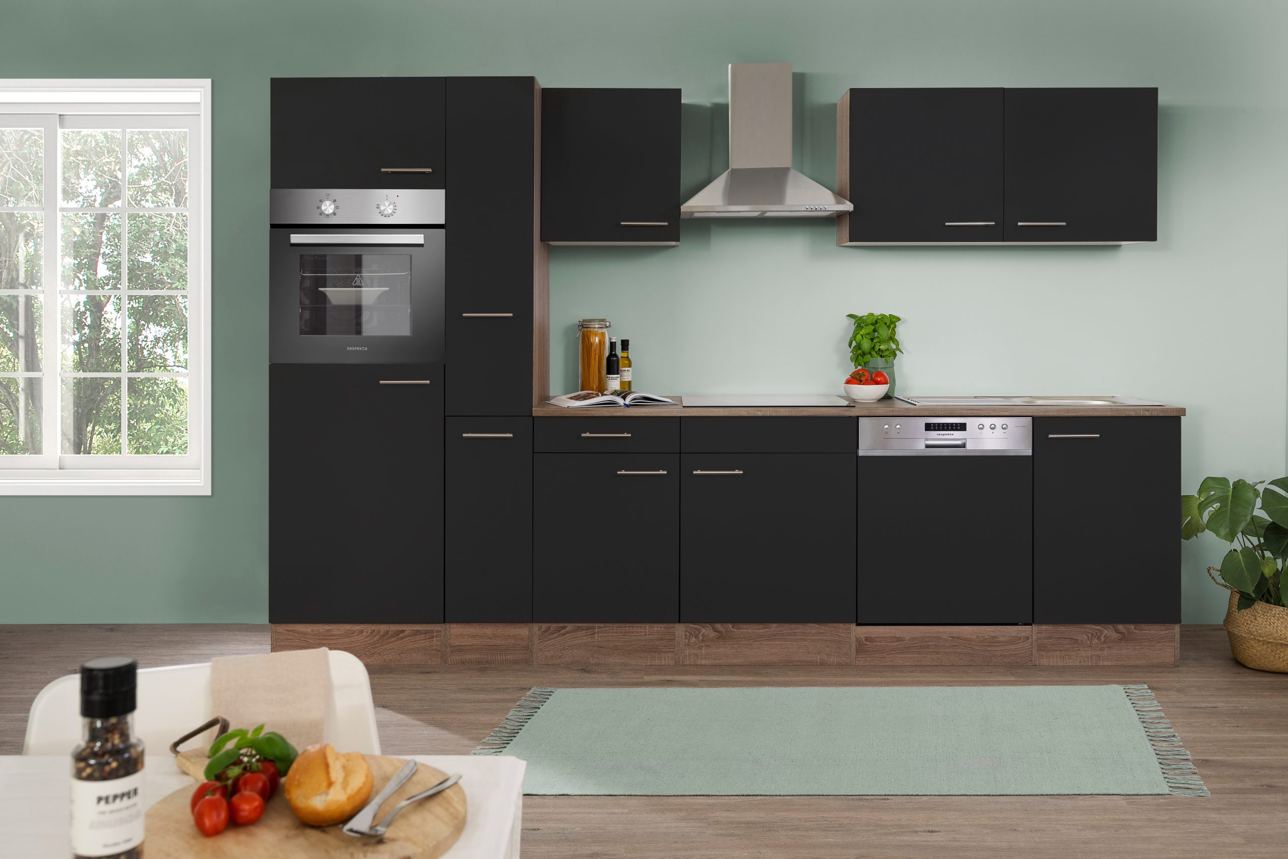 Respekta Küchenprogramm Eiche York Küchenzeile 310 cm inkl. E-Geräte & Mineralite Einbauspüle