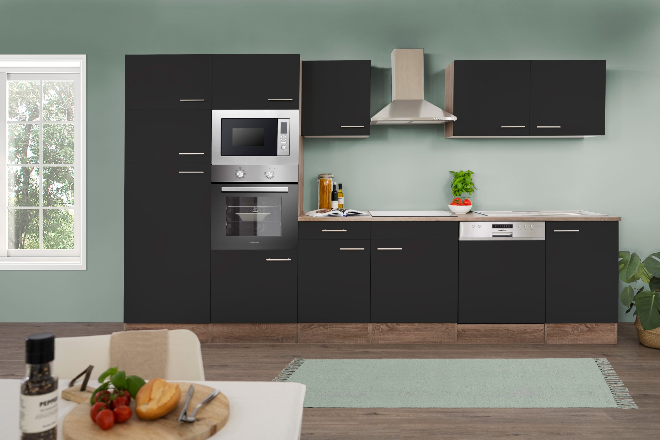 Respekta Küchenprogramm Eiche York Küchenzeile 340 cm inkl. E-Geräte & Mineralite Einbauspüle