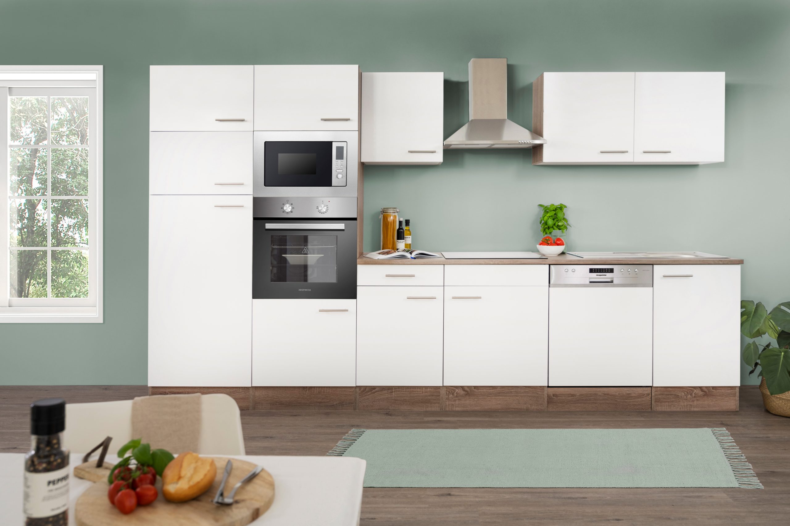 Respekta Küchenprogramm Eiche York Küchenzeile 340 cm inkl. E-Geräte & Mineralite Einbauspüle