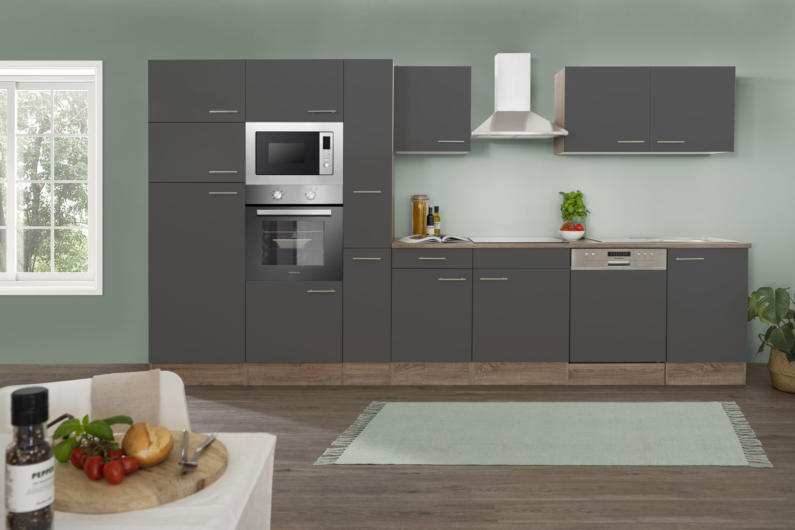 Respekta Küchenprogramm Eiche York Küchenzeile 370 cm inkl. E-Geräte & Mineralite Einbauspüle