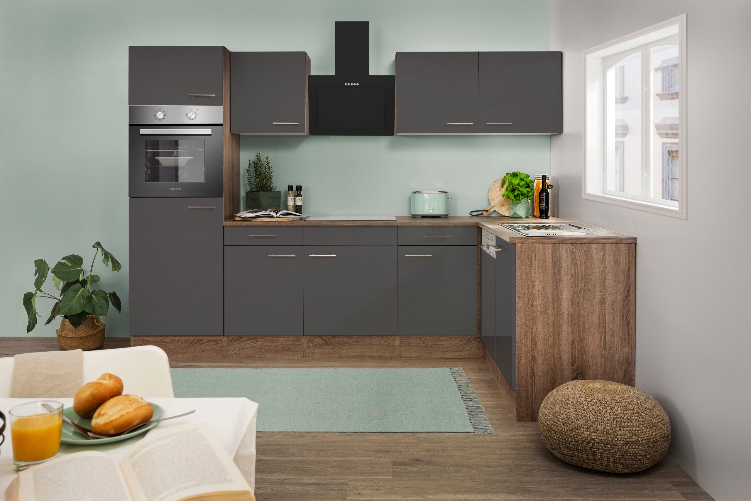 Respekta Küchenprogramm Eiche York Winkelküche 280 cm inkl. E-Geräte & Mineralite Einbauspüle