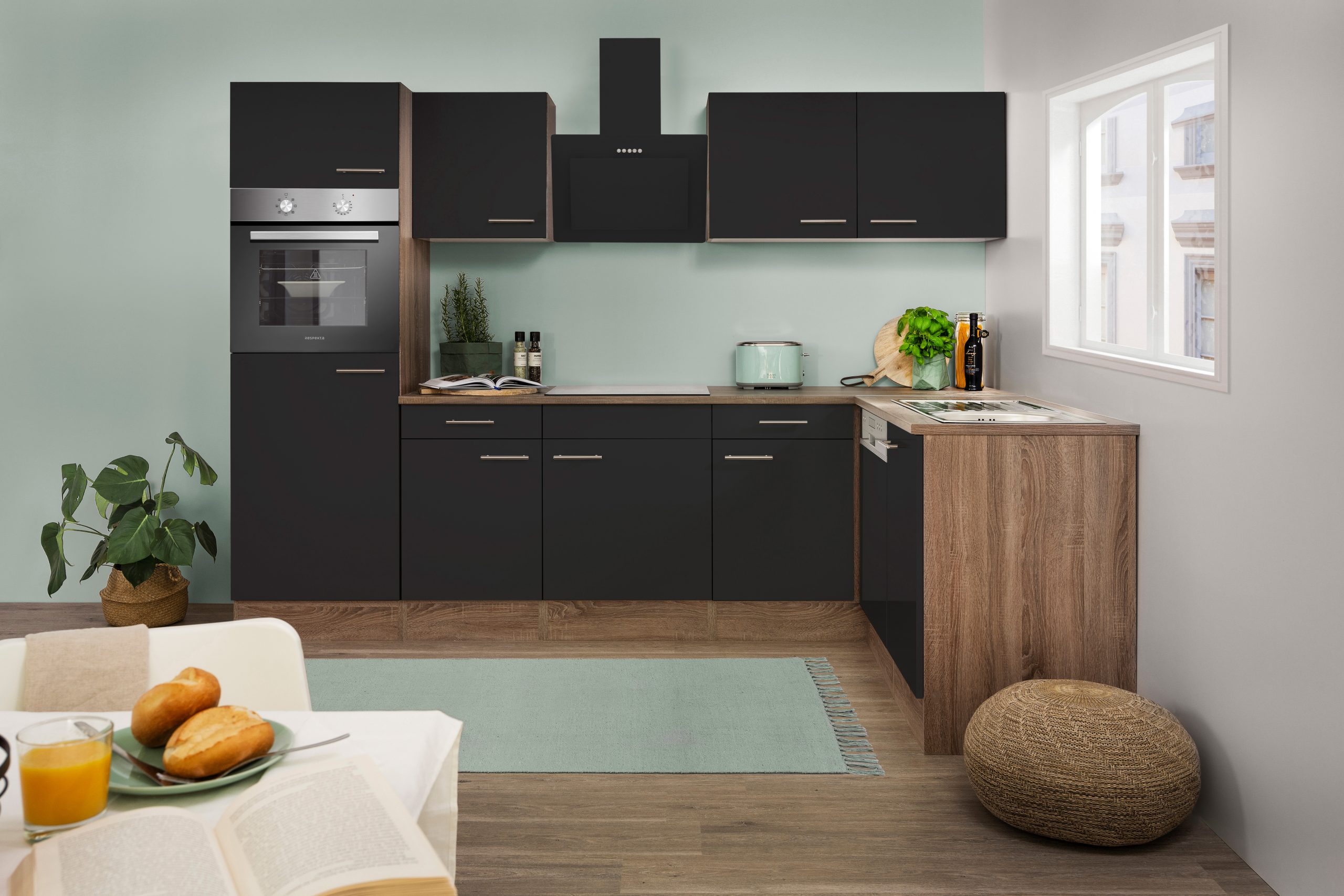 Respekta Küchenprogramm Eiche York Winkelküche 280 cm inkl. E-Geräte & Mineralite Einbauspüle