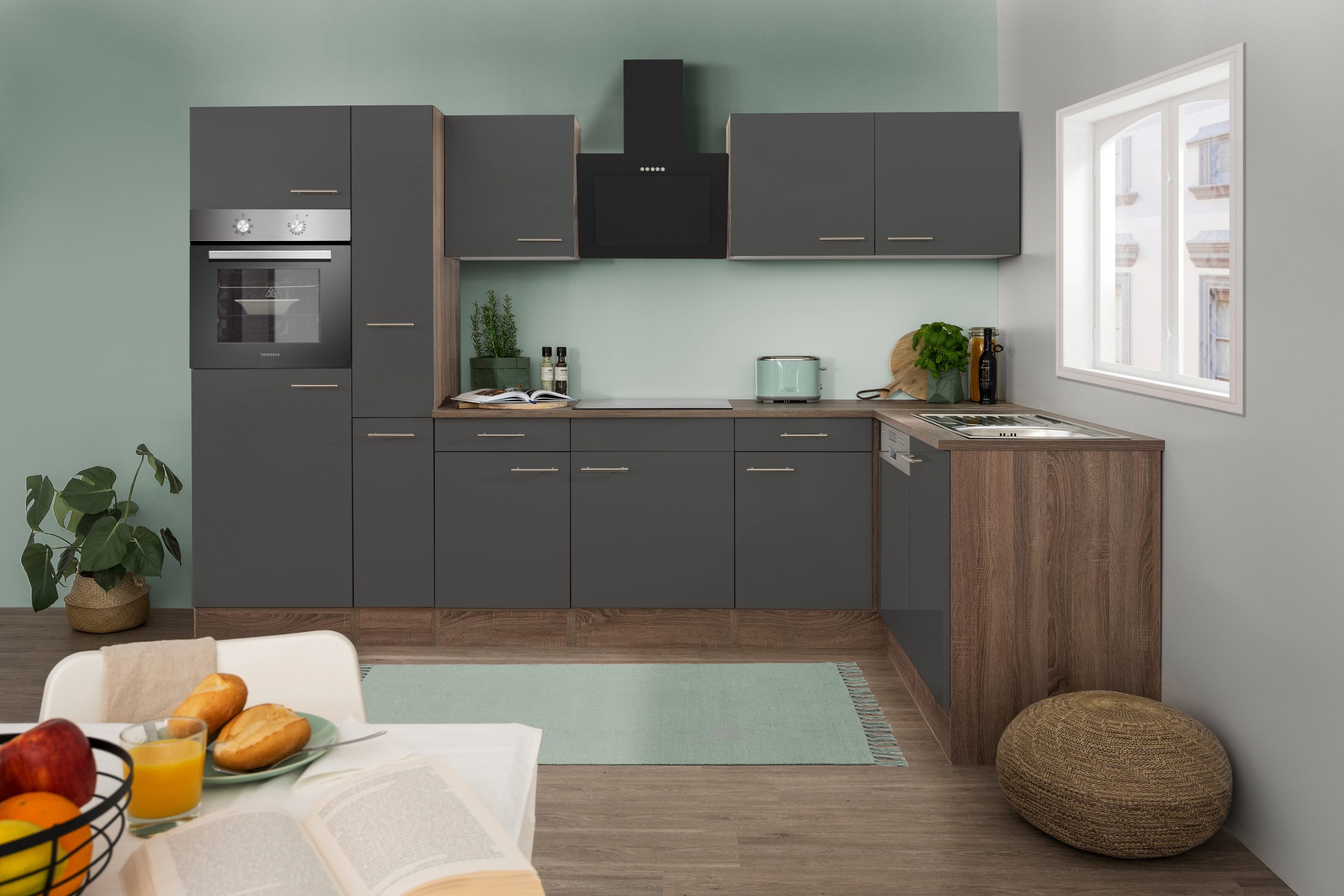 Respekta Küchenprogramm Eiche York Winkelküche 310 cm inkl. E-Geräte & Mineralite Einbauspüle