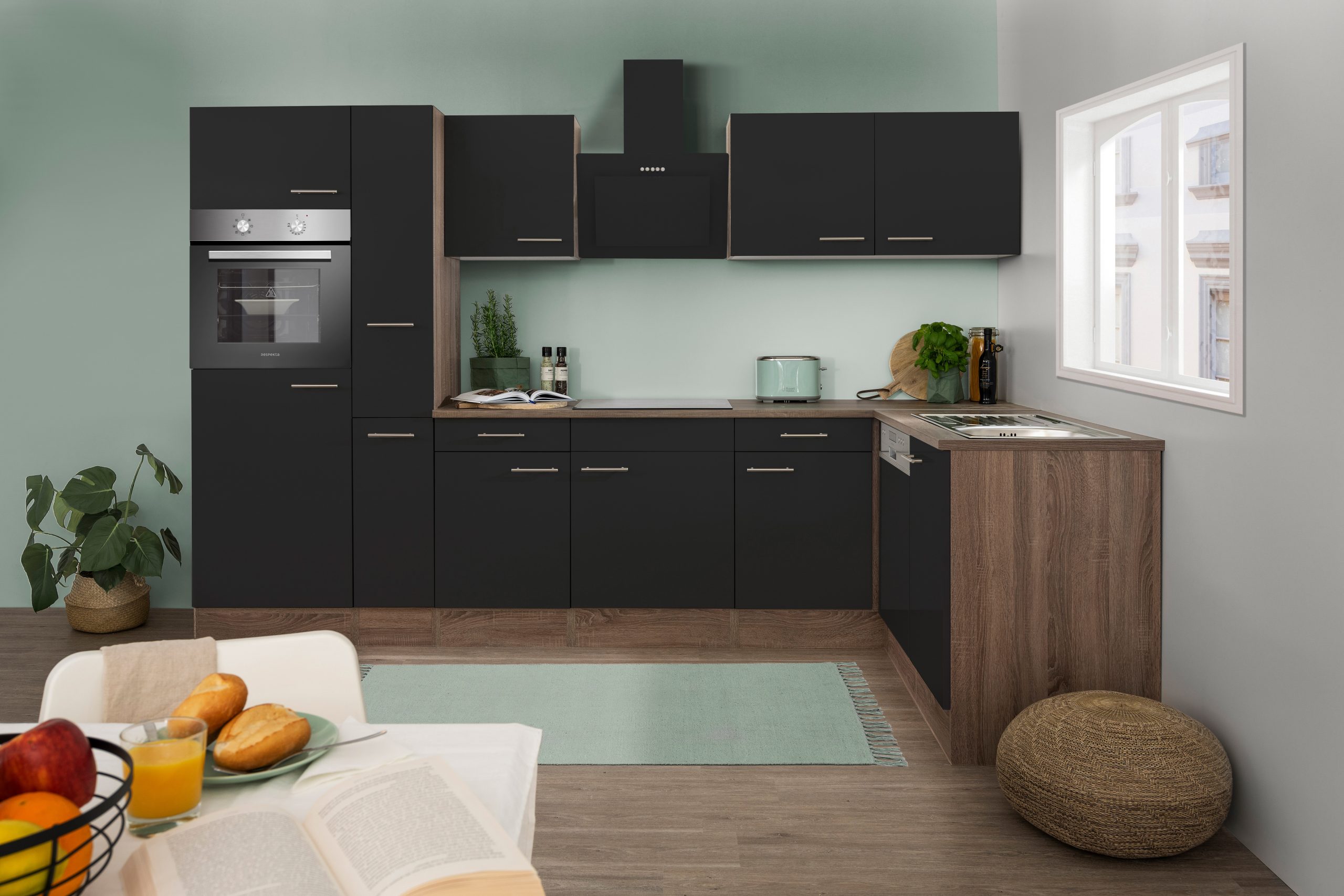 Respekta Küchenprogramm Eiche York Winkelküche 310 cm inkl. E-Geräte & Mineralite Einbauspüle