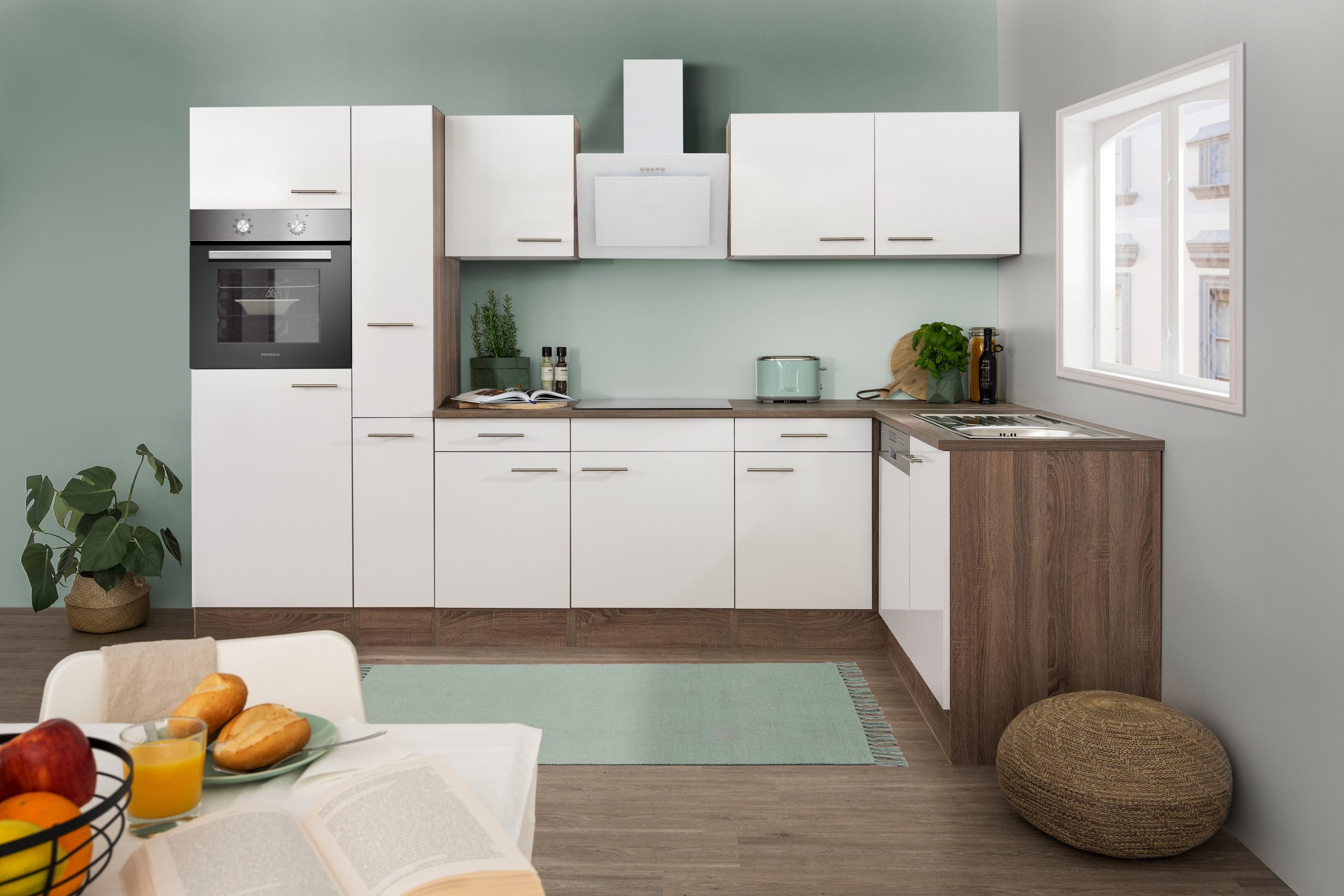 Respekta Küchenprogramm Eiche York Winkelküche 310 cm inkl. E-Geräte & Mineralite Einbauspüle