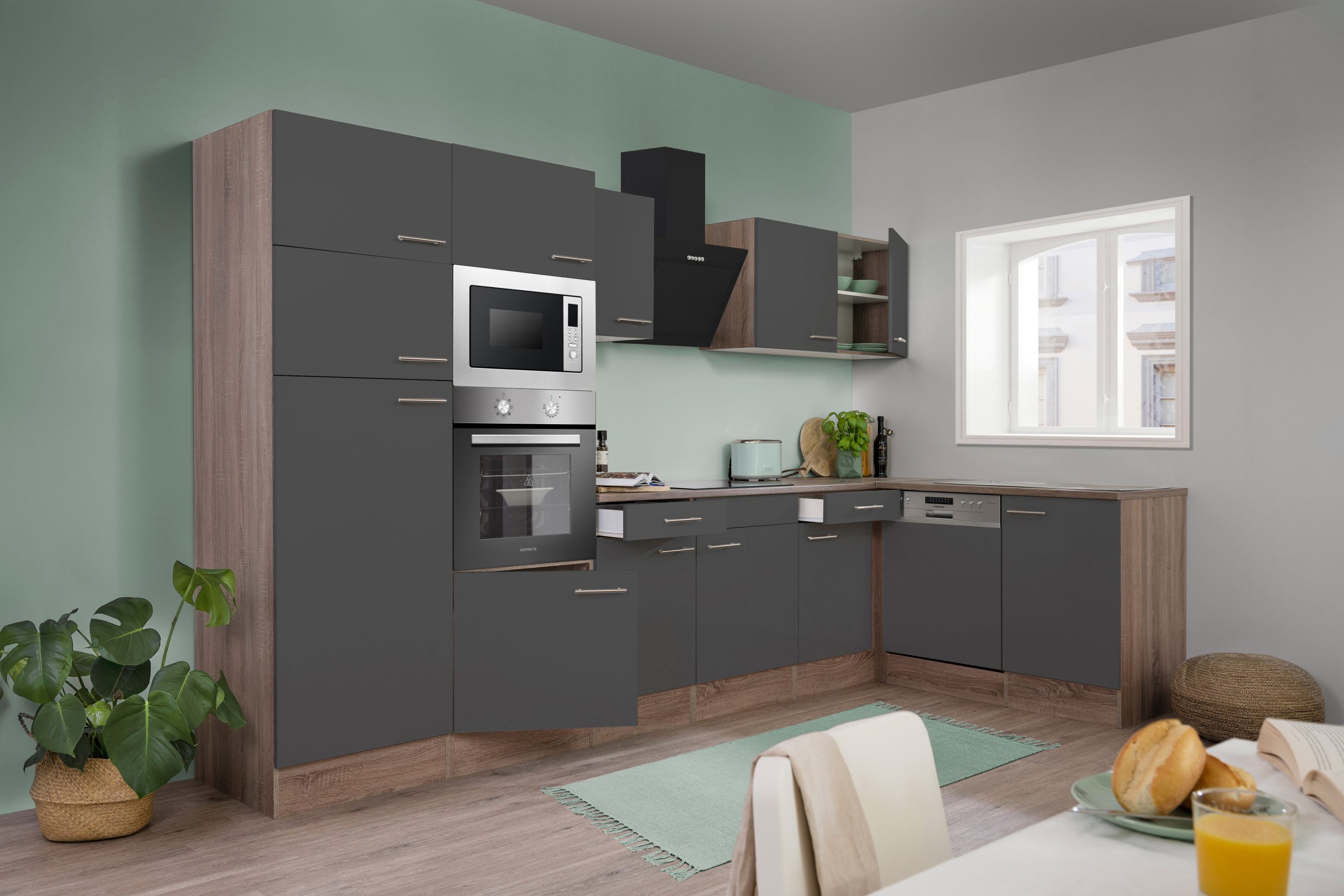 Respekta Küchenprogramm Eiche York Winkelküche 340 cm inkl. E-Geräte & Mineralite Einbauspüle