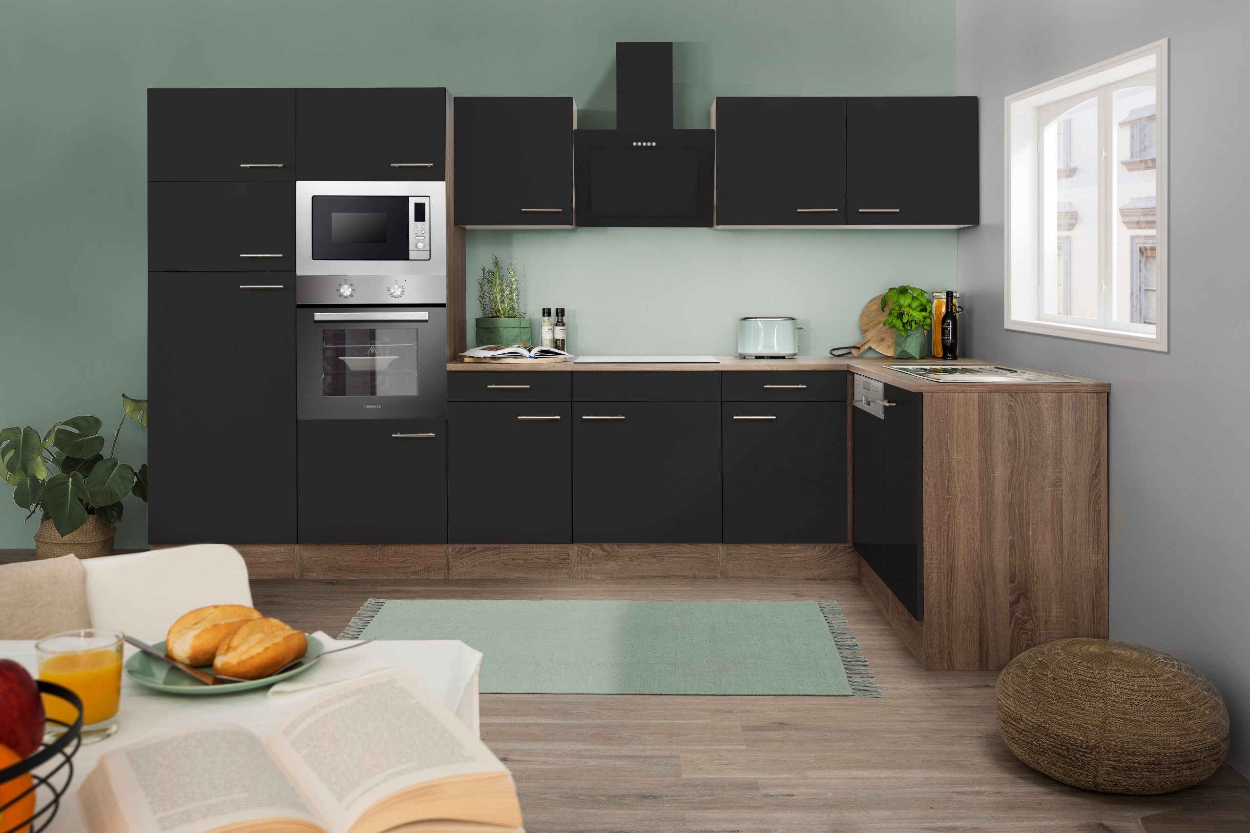 Respekta Küchenprogramm Eiche York Winkelküche 340 cm inkl. E-Geräte & Mineralite Einbauspüle