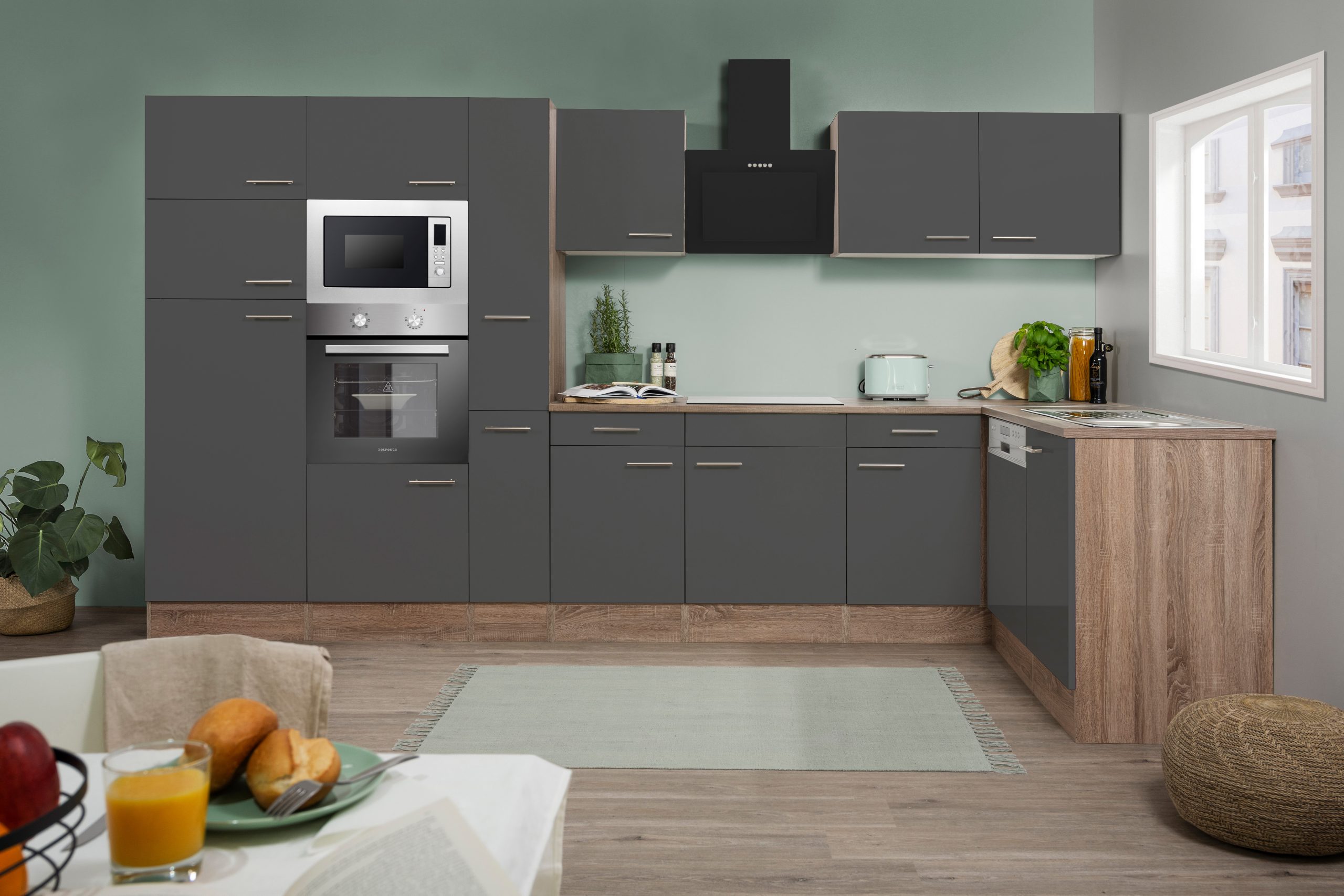 Respekta Küchenprogramm Eiche York Winkelküche 370 cm inkl. E-Geräte & Mineralite Einbauspüle