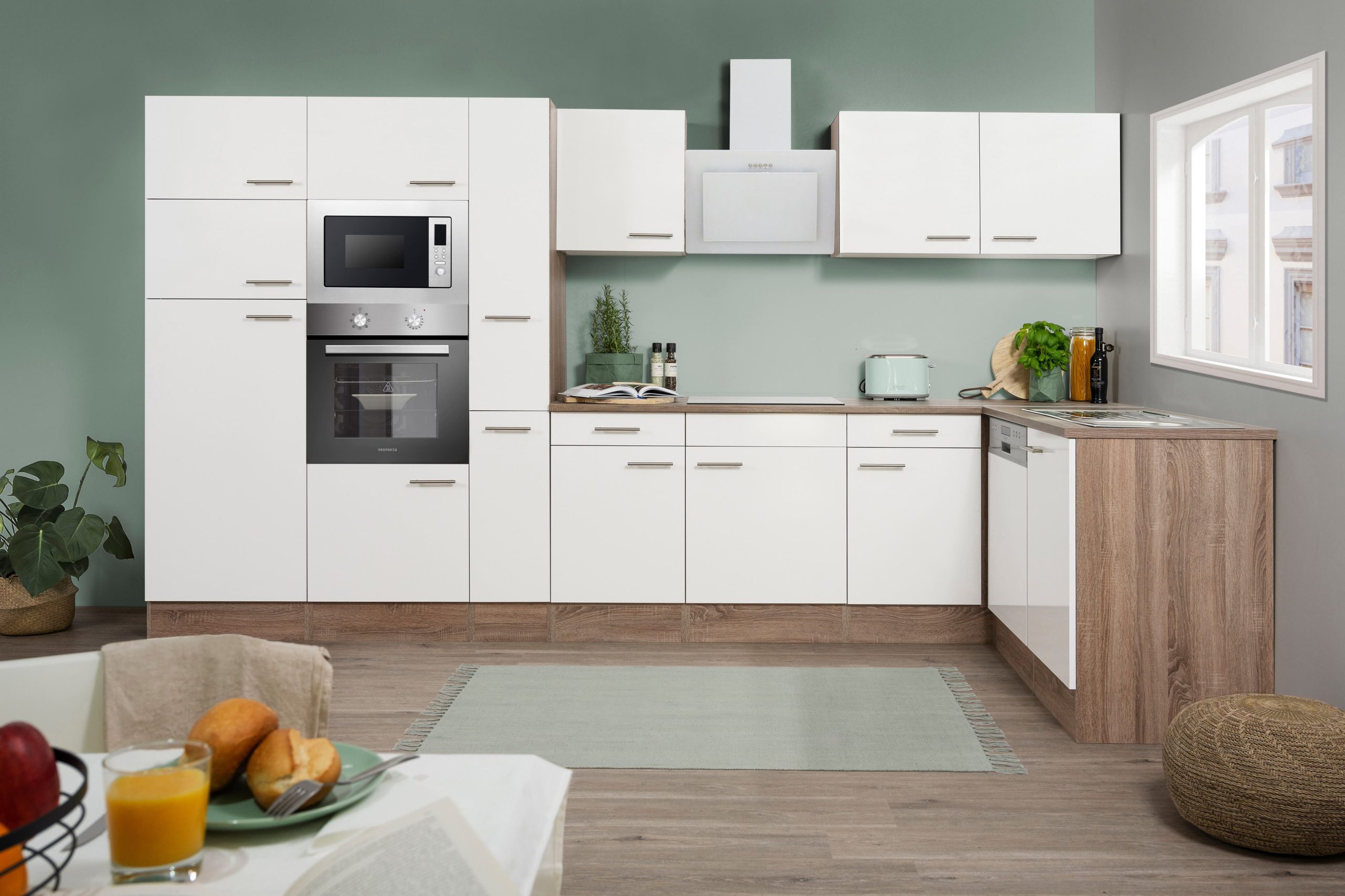 Respekta Küchenprogramm Eiche York Winkelküche 370 cm inkl. E-Geräte & Mineralite Einbauspüle