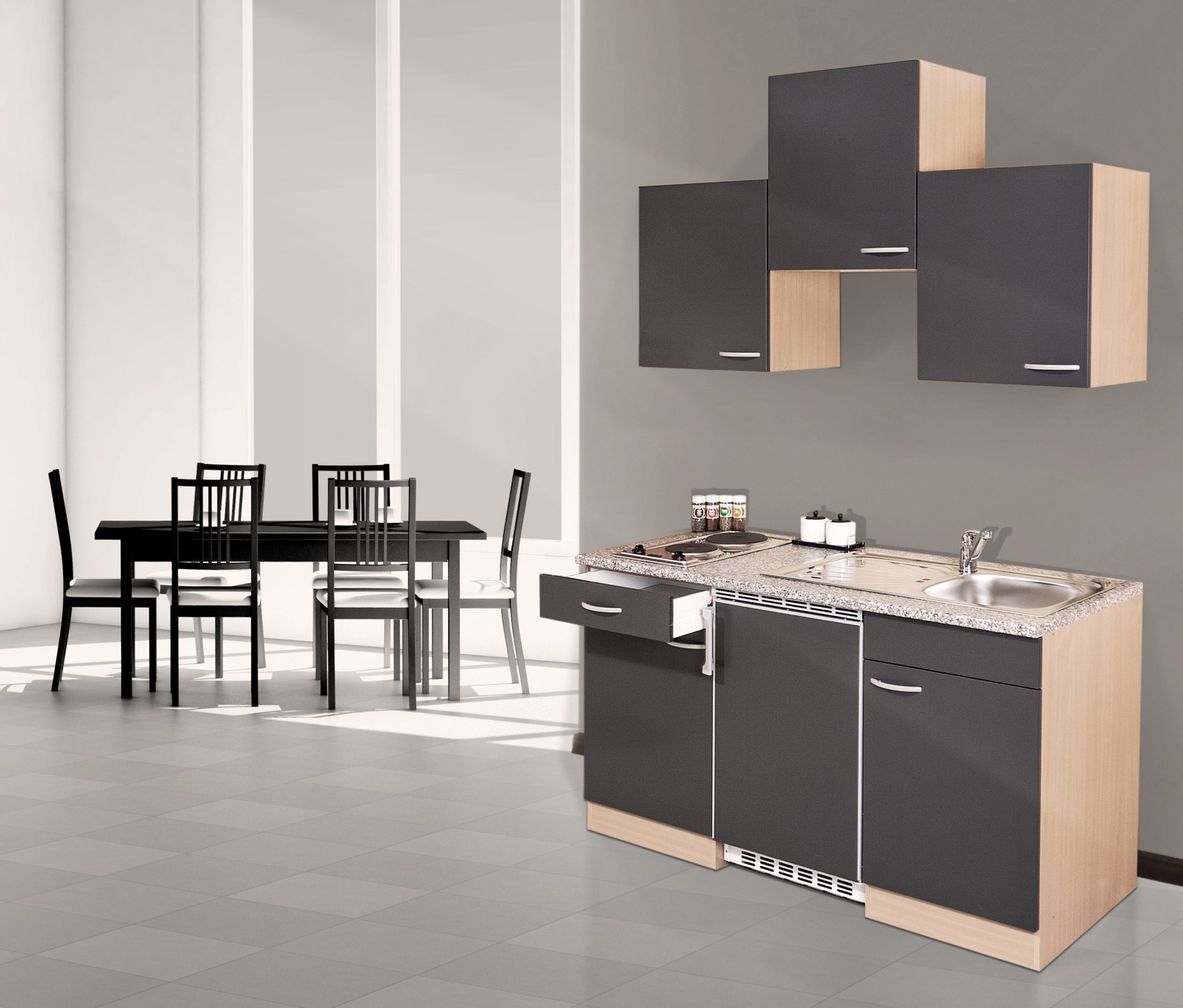 Respekta Küchenzeile KB150BGC 150 cm Grau-Buche Nachbildung