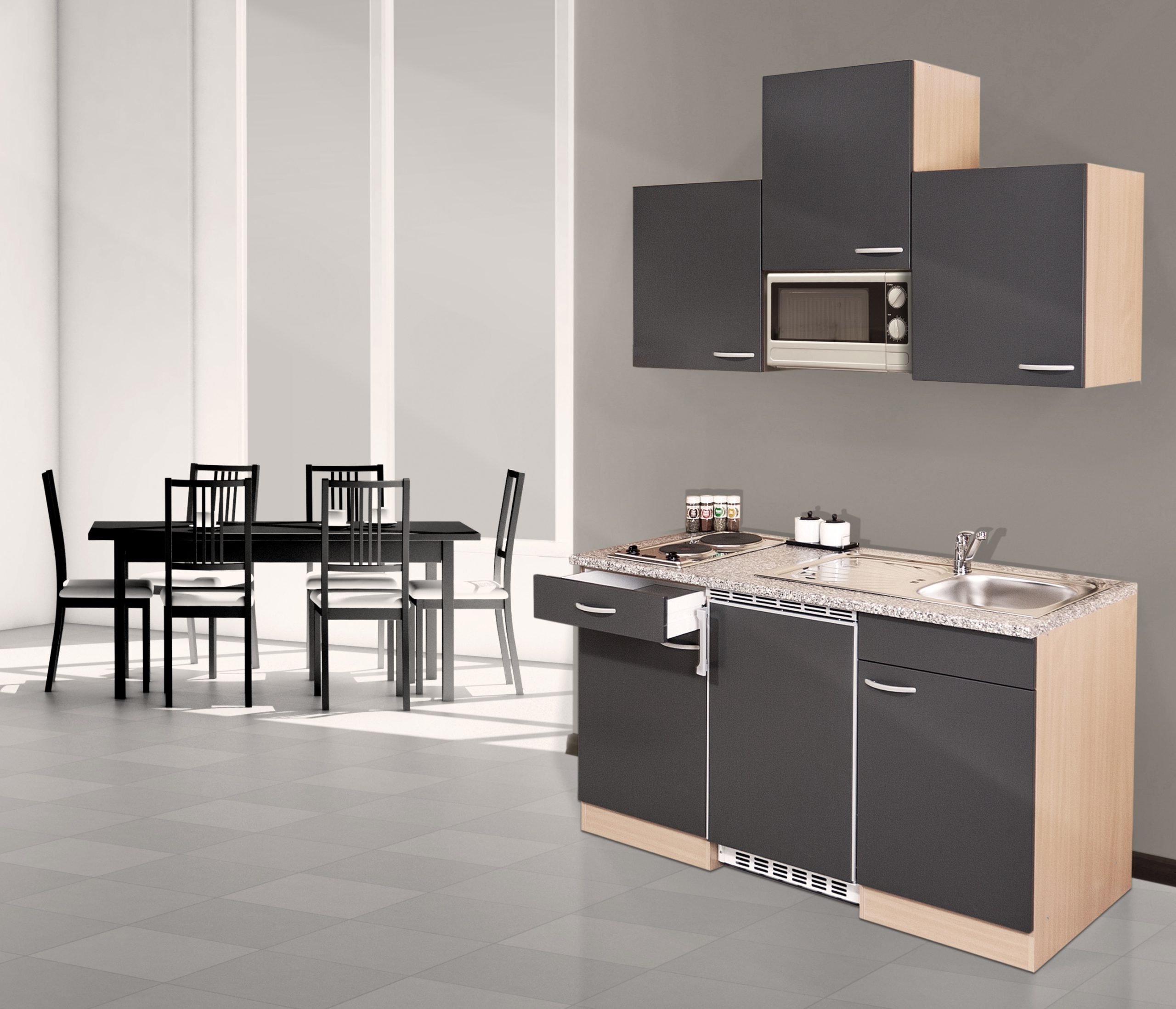 Respekta Küchenzeile KB150BGMI 150 cm Grau-Buche Nachbildung