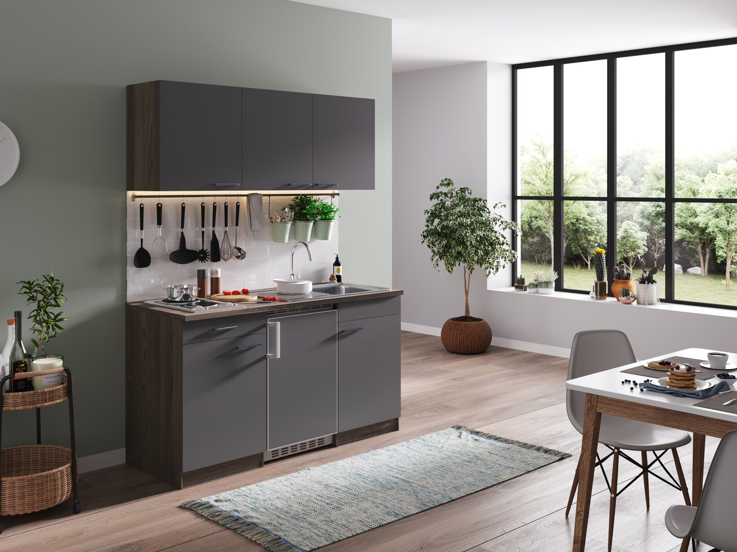 Respekta Küchenzeile KB150EYG 150 cm Grau-Eiche York Nachbildung