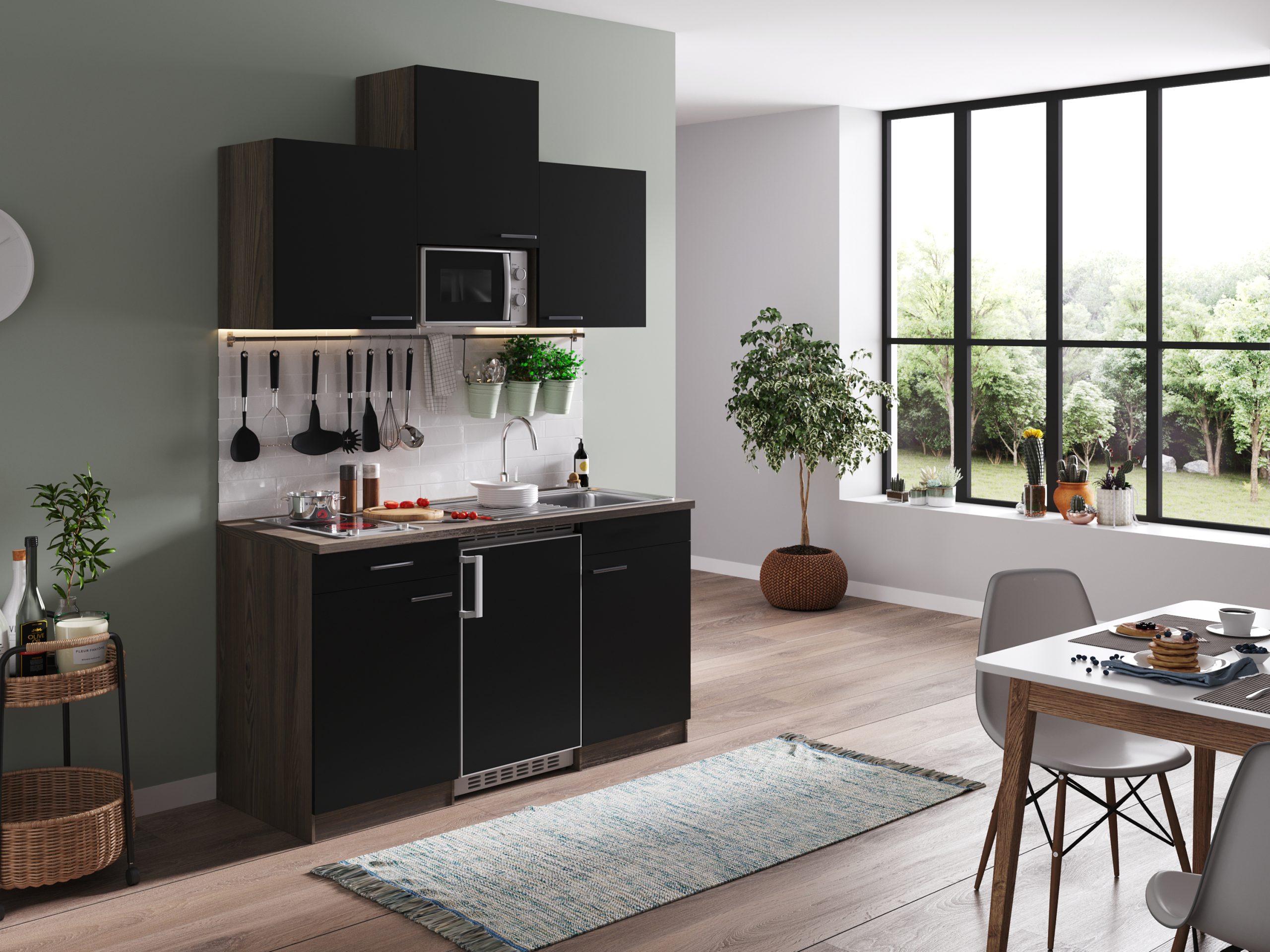 Respekta Küchenzeile KB150EYSMIC 150 cm Schwarz-Eiche York Nachbildung