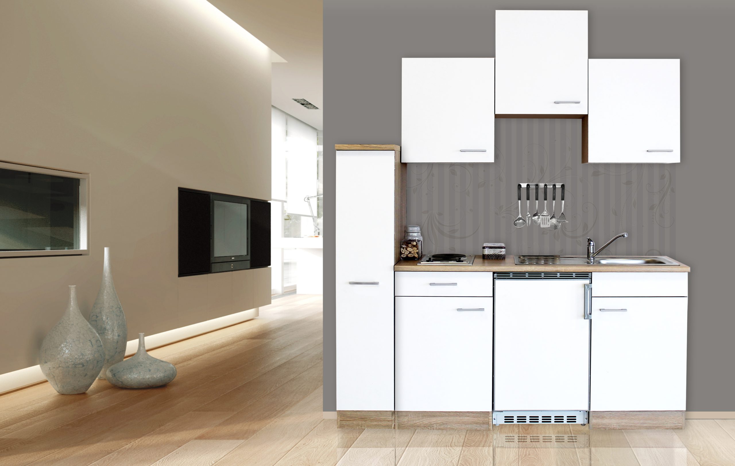 Respekta Küchenzeile KB180ESWC 180 cm Weiß-Eiche Sägerau Nachbildung