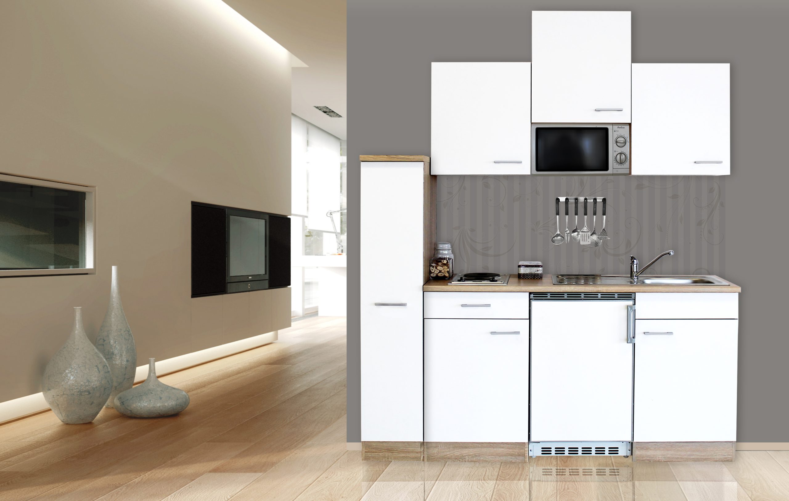 Respekta Küchenzeile KB180ESWMI 180 cm Weiß-Eiche Sägerau Nachbildung