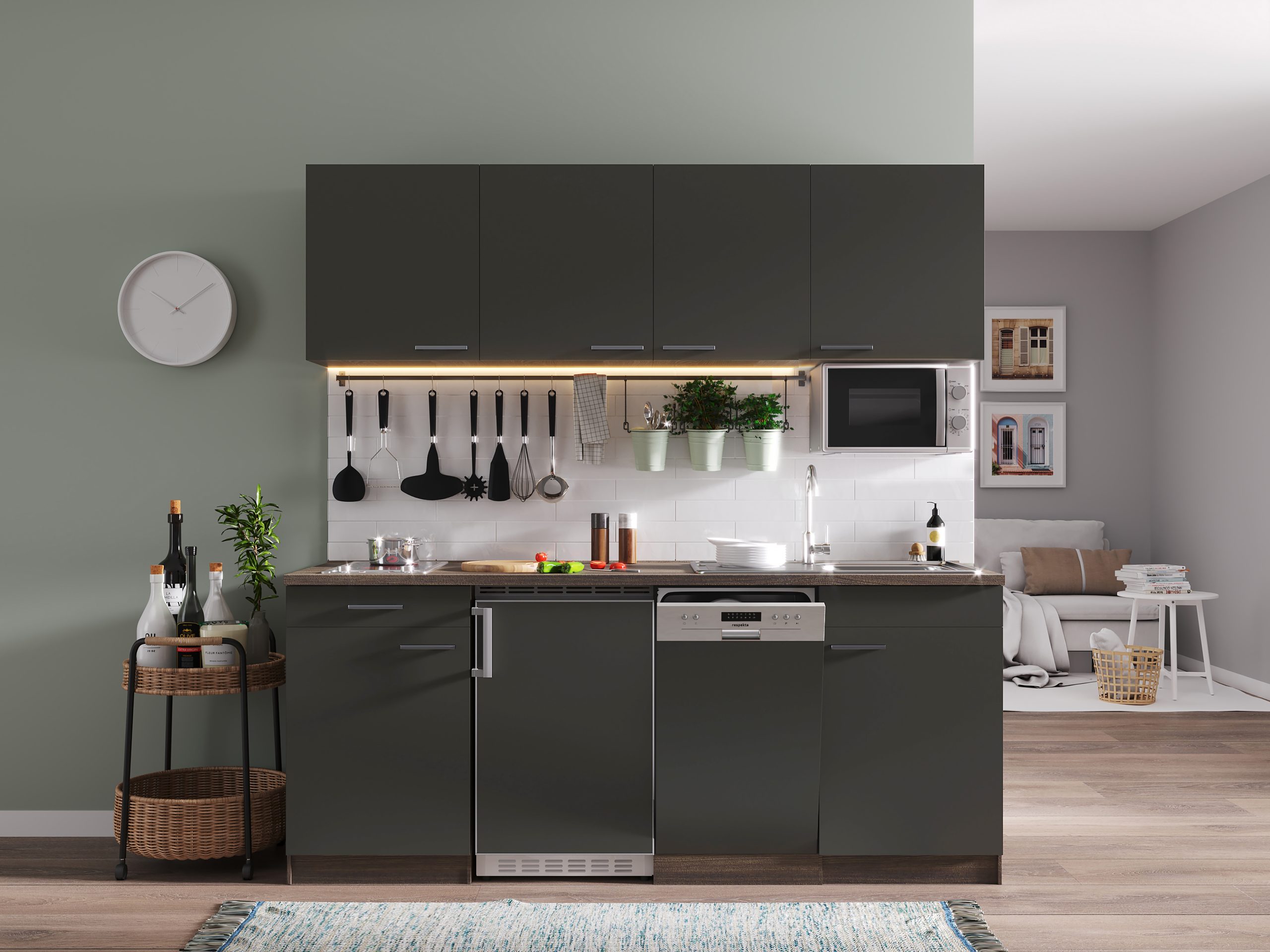 Respekta Küchenzeile KB195EYGMIC 195 cm Grau-Eiche York Nachbildung