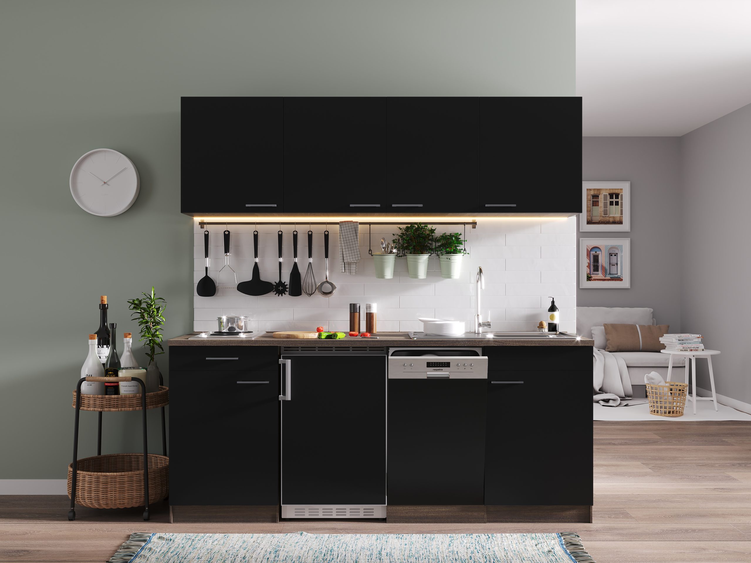 Respekta Küchenzeile KB195EYS 195 cm Schwarz-Eiche York Nachbildung