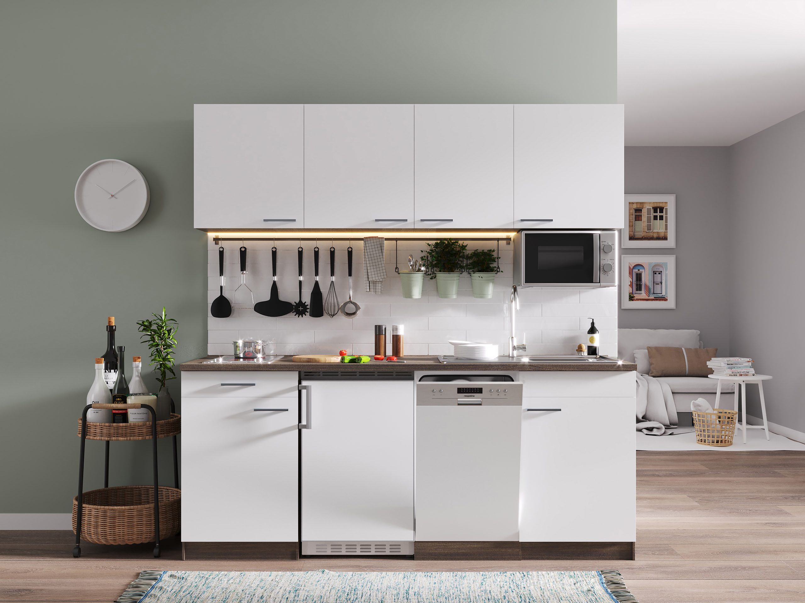 Respekta Küchenzeile KB195EYWMIC 195 cm Weiß-Eiche York Nachbildung