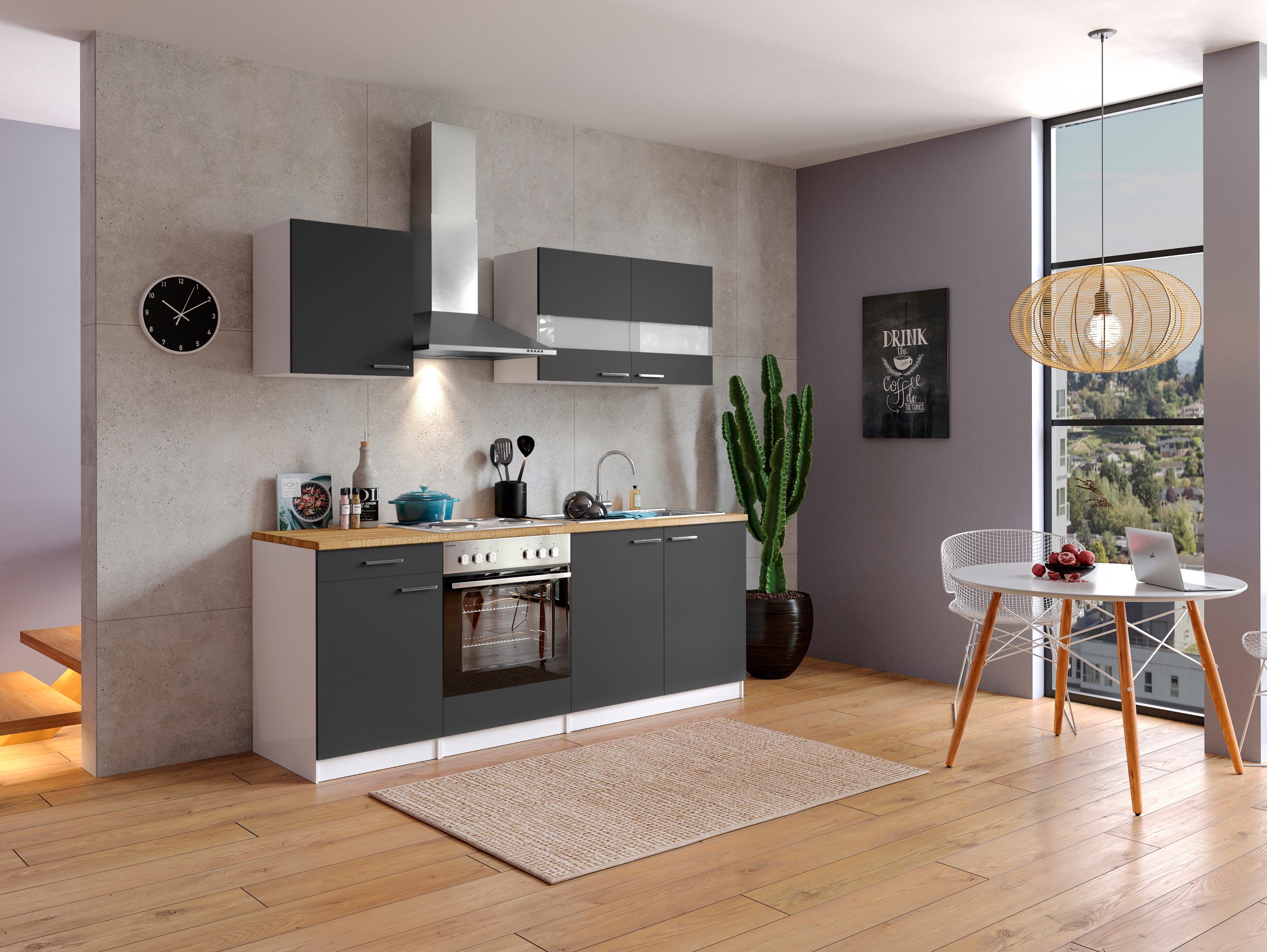 Respekta Küchenzeile KB210WG 210 cm Weiß - Grau