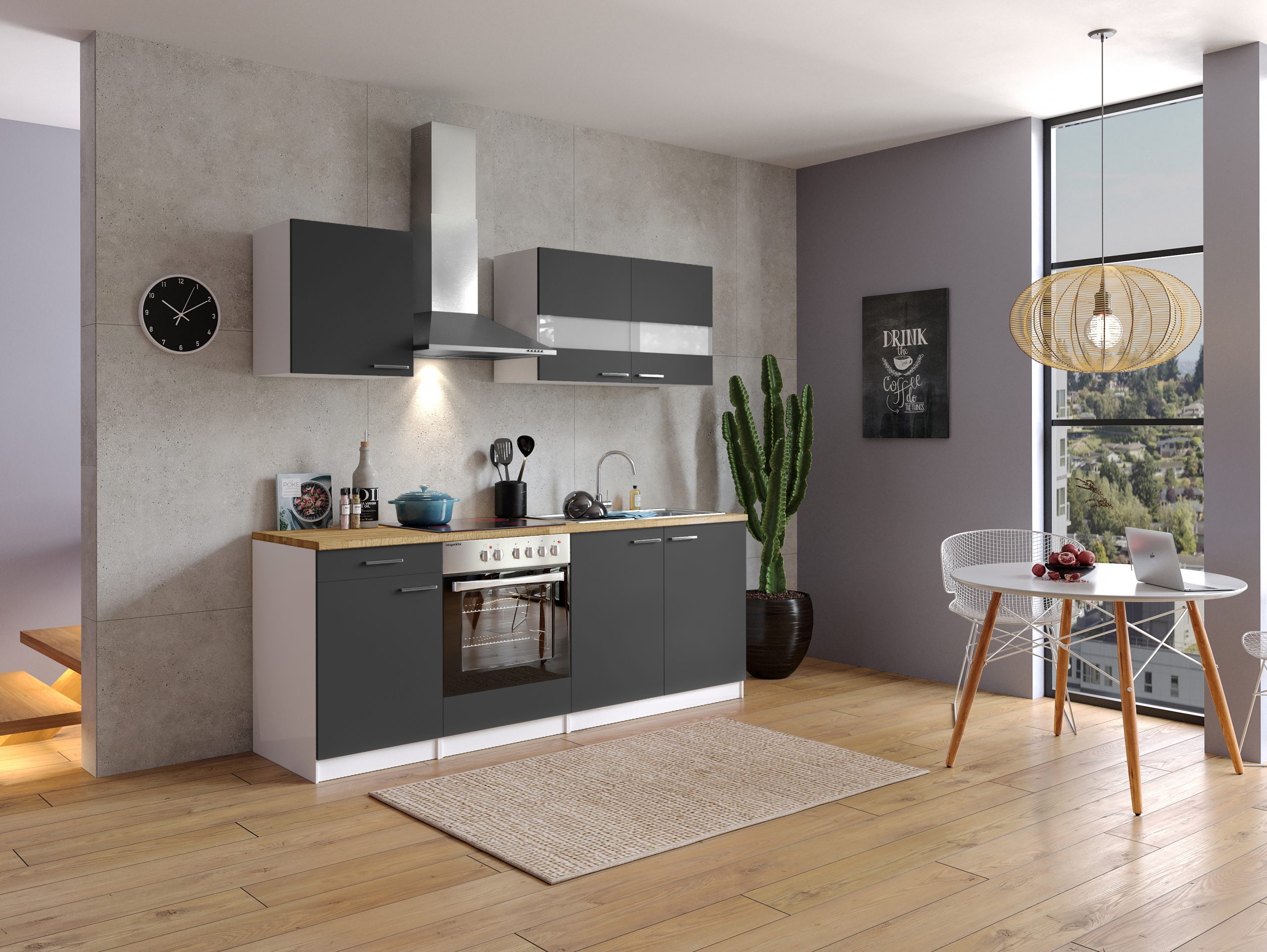 Respekta Küchenzeile KB210WGC 210 cm Weiß - Grau