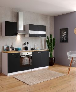 Respekta Küchenzeile KB210WS 210 cm Weiß - Schwarz