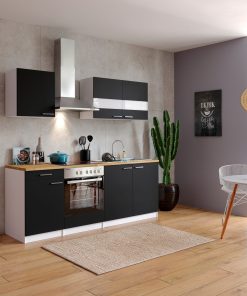 Respekta Küchenzeile KB210WSC 210 cm Weiß - Schwarz