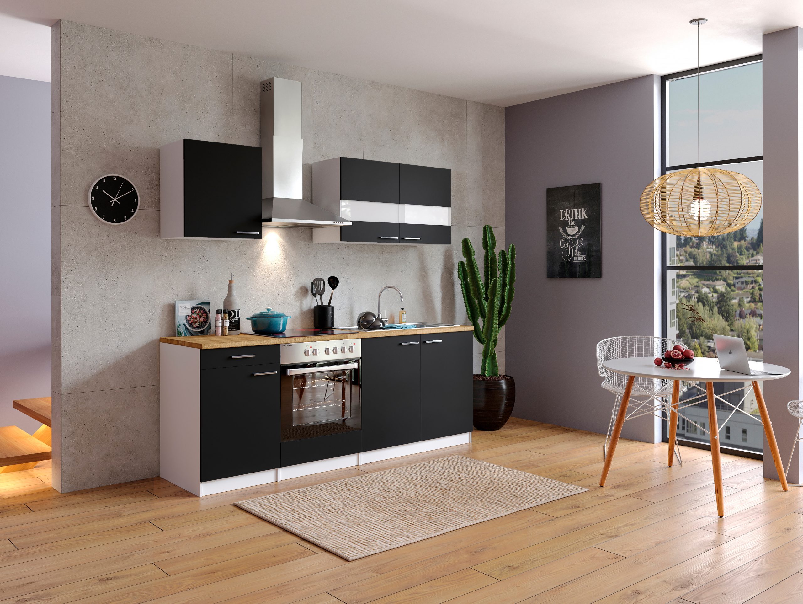 Respekta Küchenzeile KB210WSC 210 cm Weiß - Schwarz