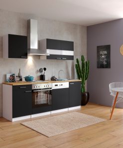 Respekta Küchenzeile KB220WS 220 cm Weiß - Schwarz