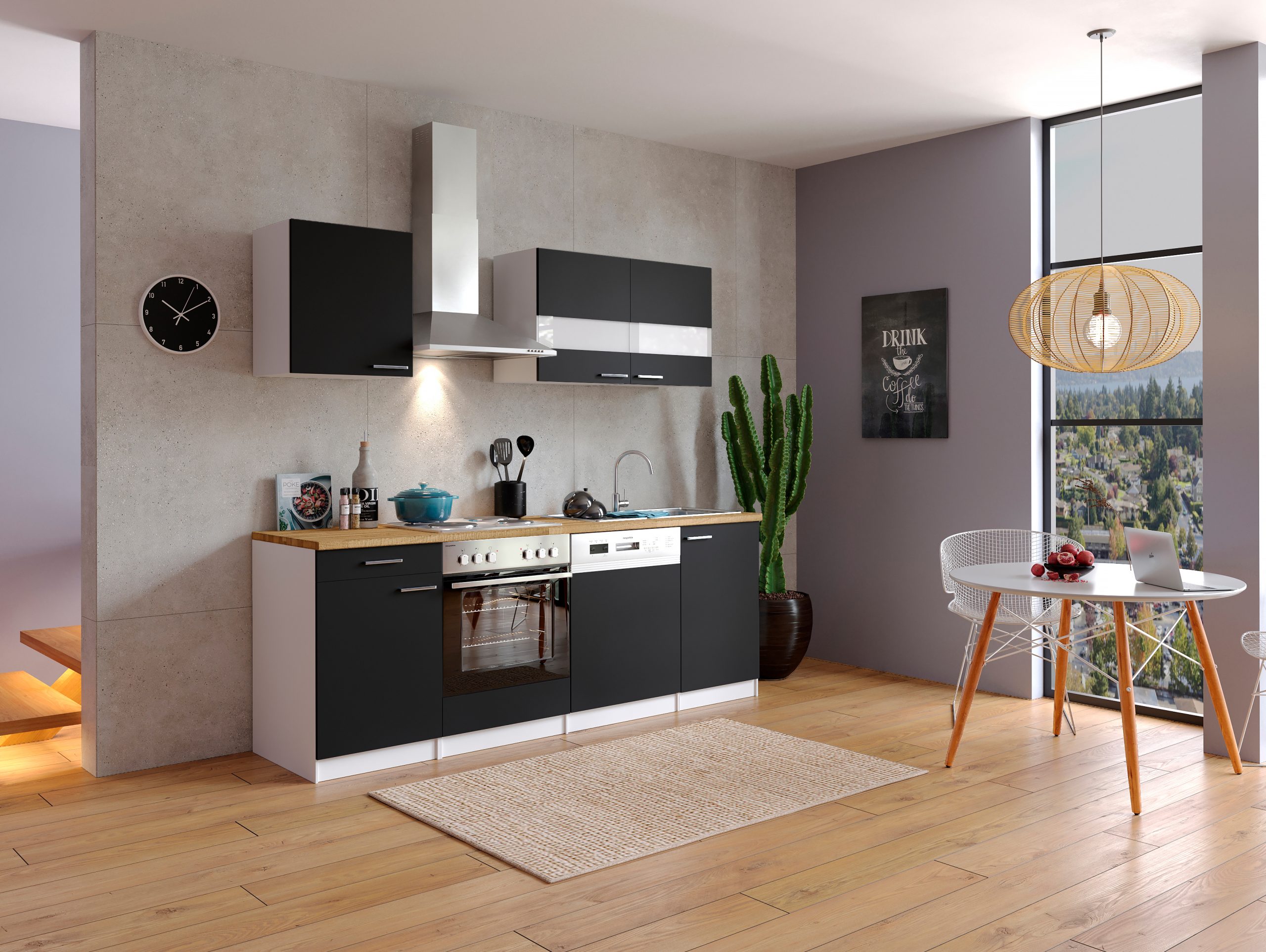 Respekta Küchenzeile KB220WS 220 cm Weiß - Schwarz