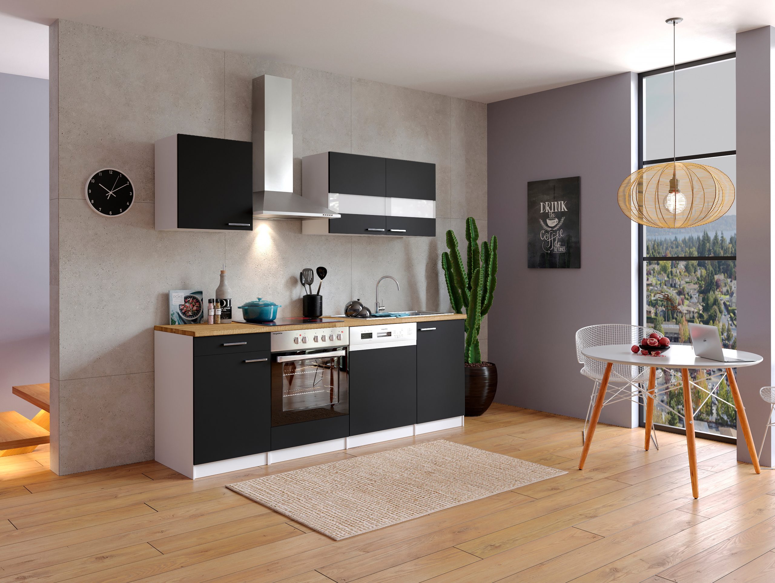 Respekta Küchenzeile KB220WSC 220 cm Weiß - Schwarz