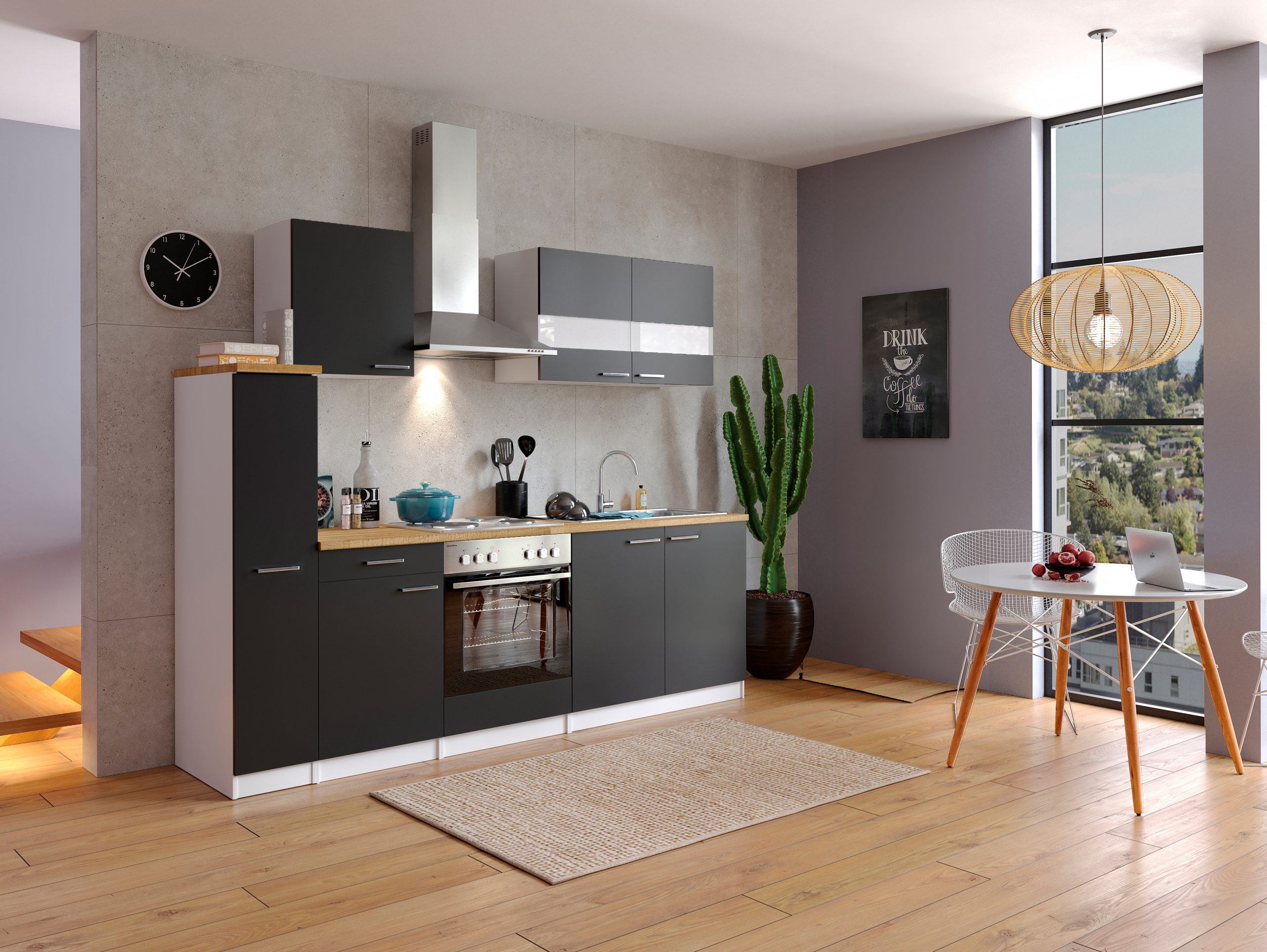 Respekta Küchenzeile KB240WS 240 cm Weiß - Schwarz