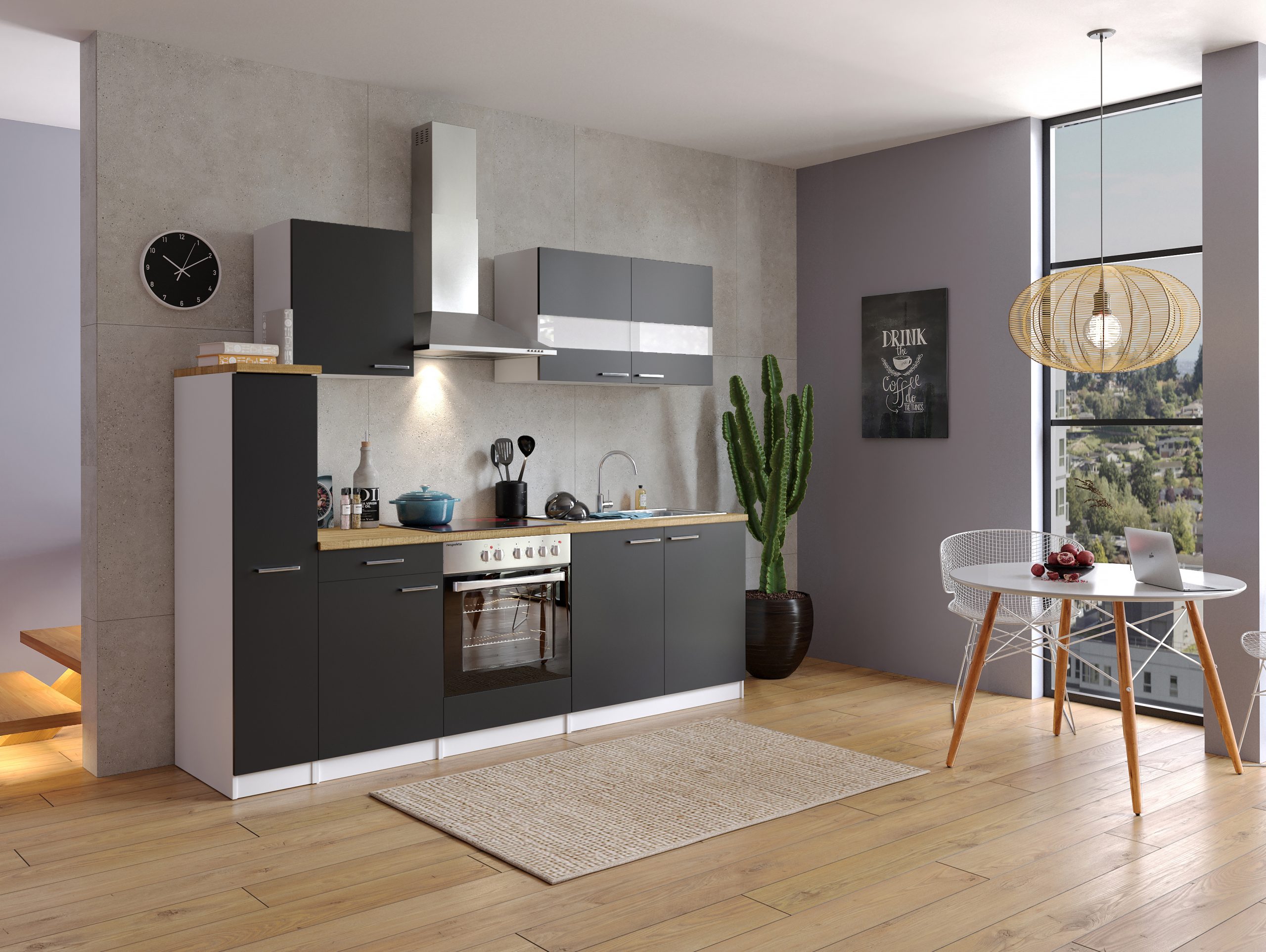 Respekta Küchenzeile KB240WSC 240 cm Weiß - Schwarz