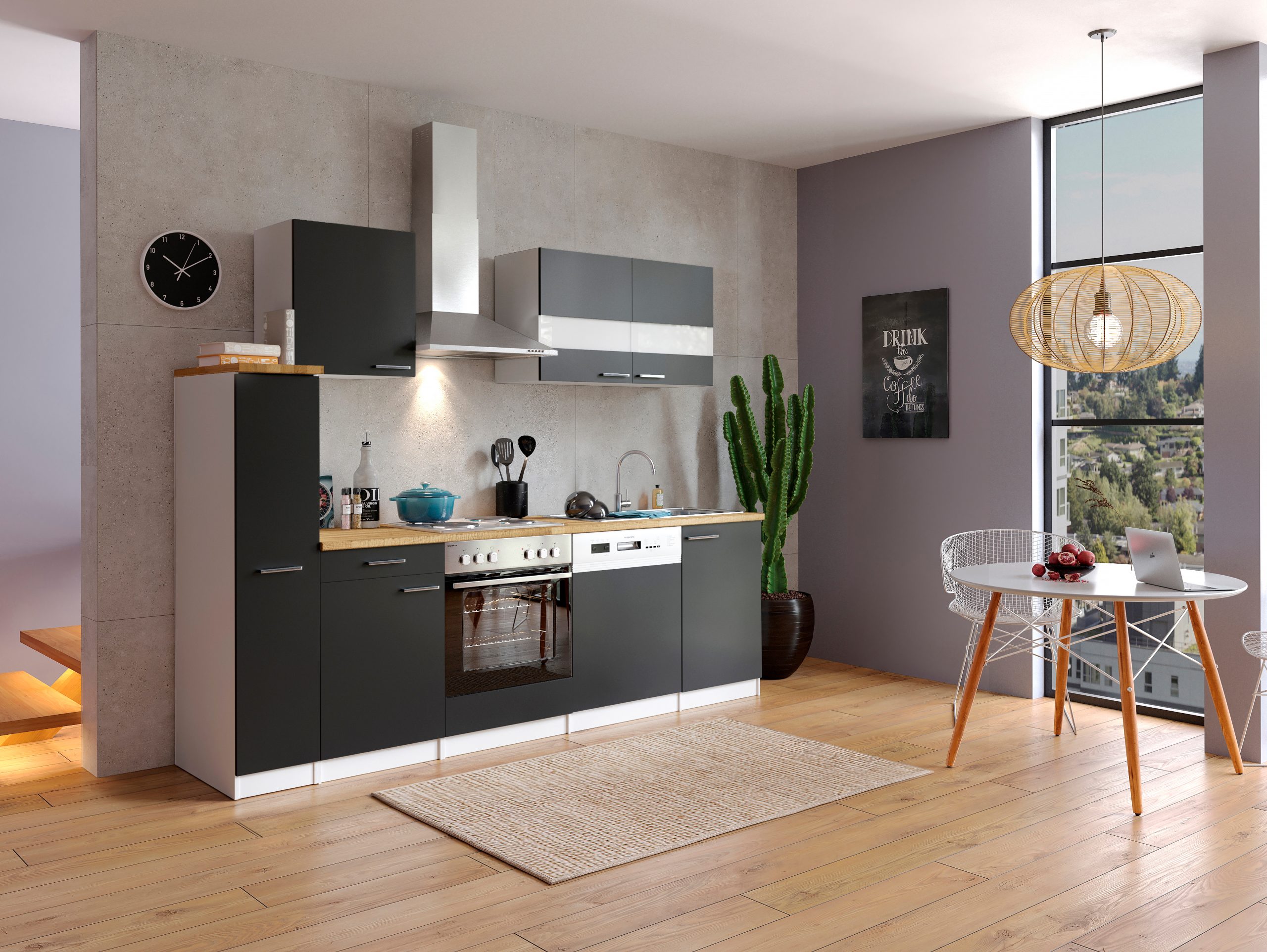 Respekta Küchenzeile KB250WS 250 cm Weiß - Schwarz