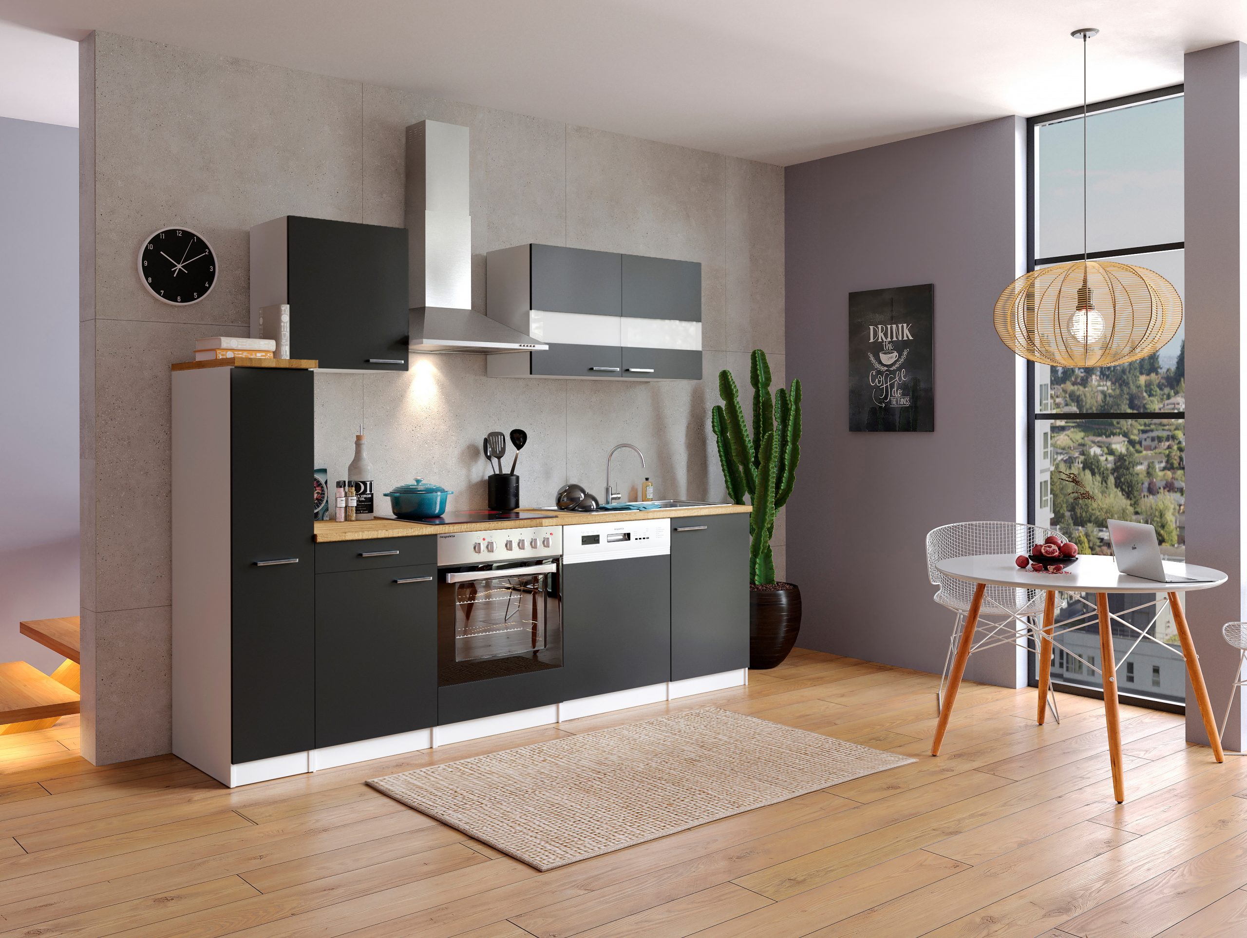 Respekta Küchenzeile KB250WSC 250 cm Weiß - Schwarz