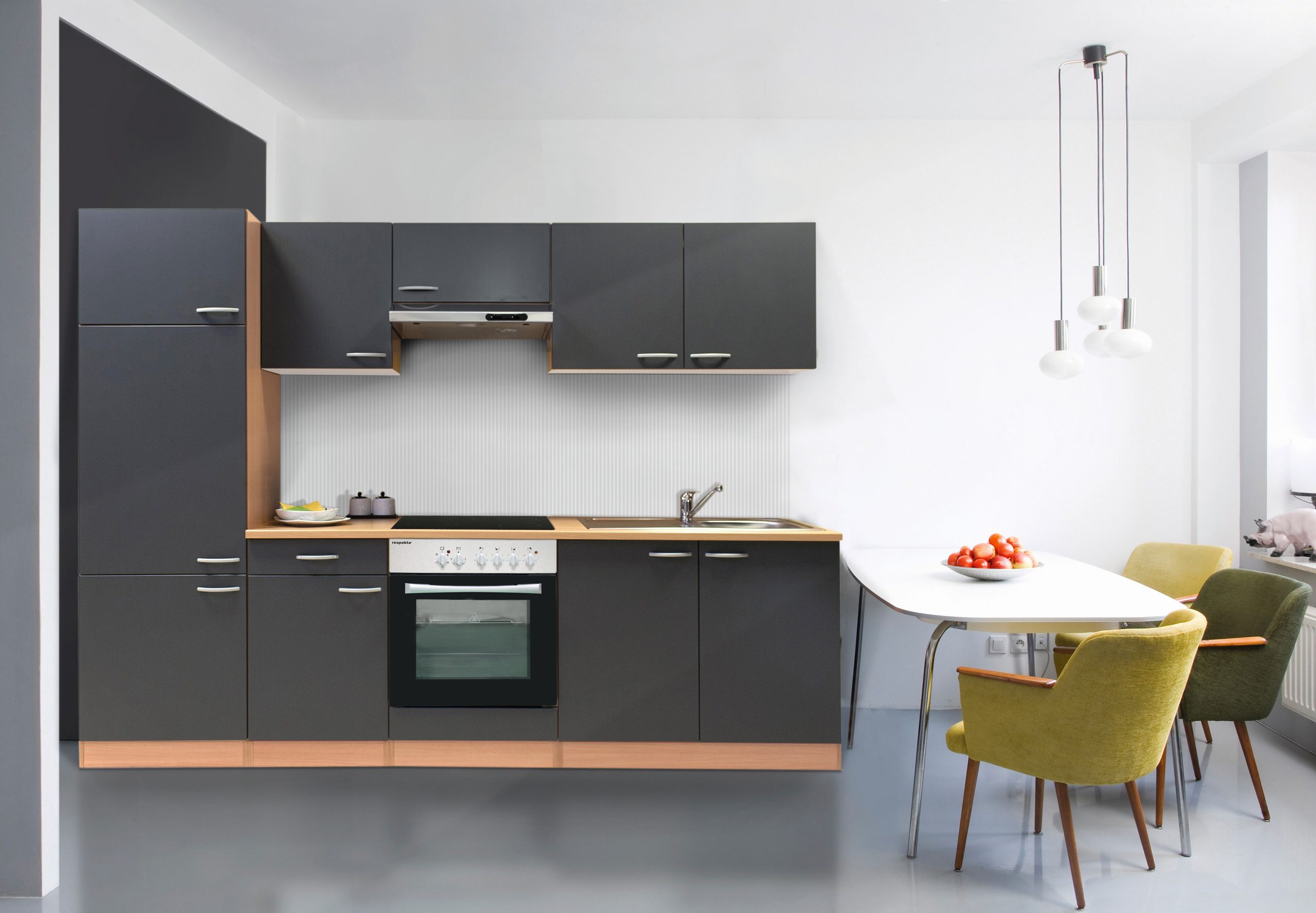 Respekta Küchenzeile KB270BGEC 270 cm Grau-Buche Nachbildung