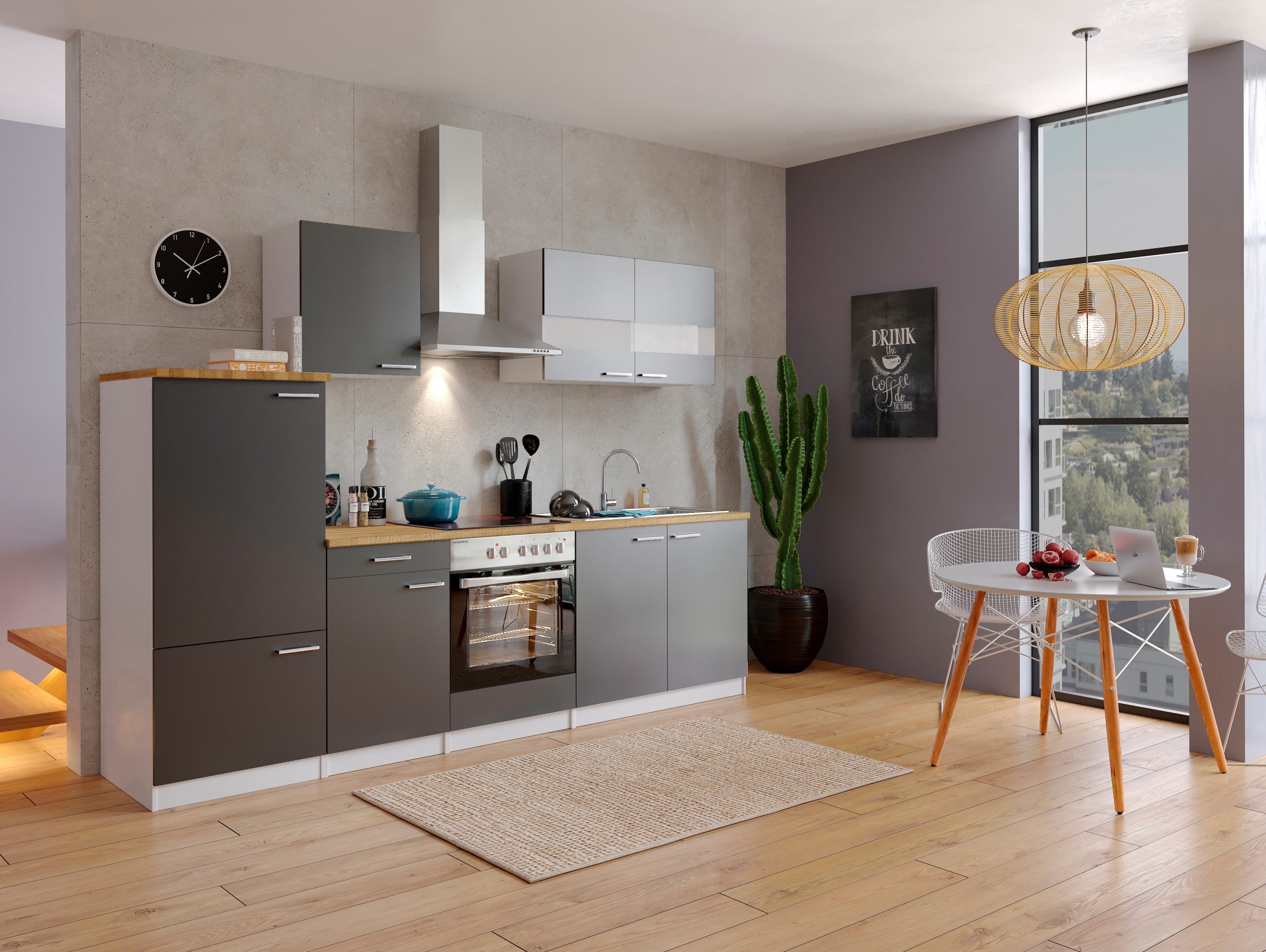 Respekta Küchenzeile KB270WGC 270 cm Weiß - Grau