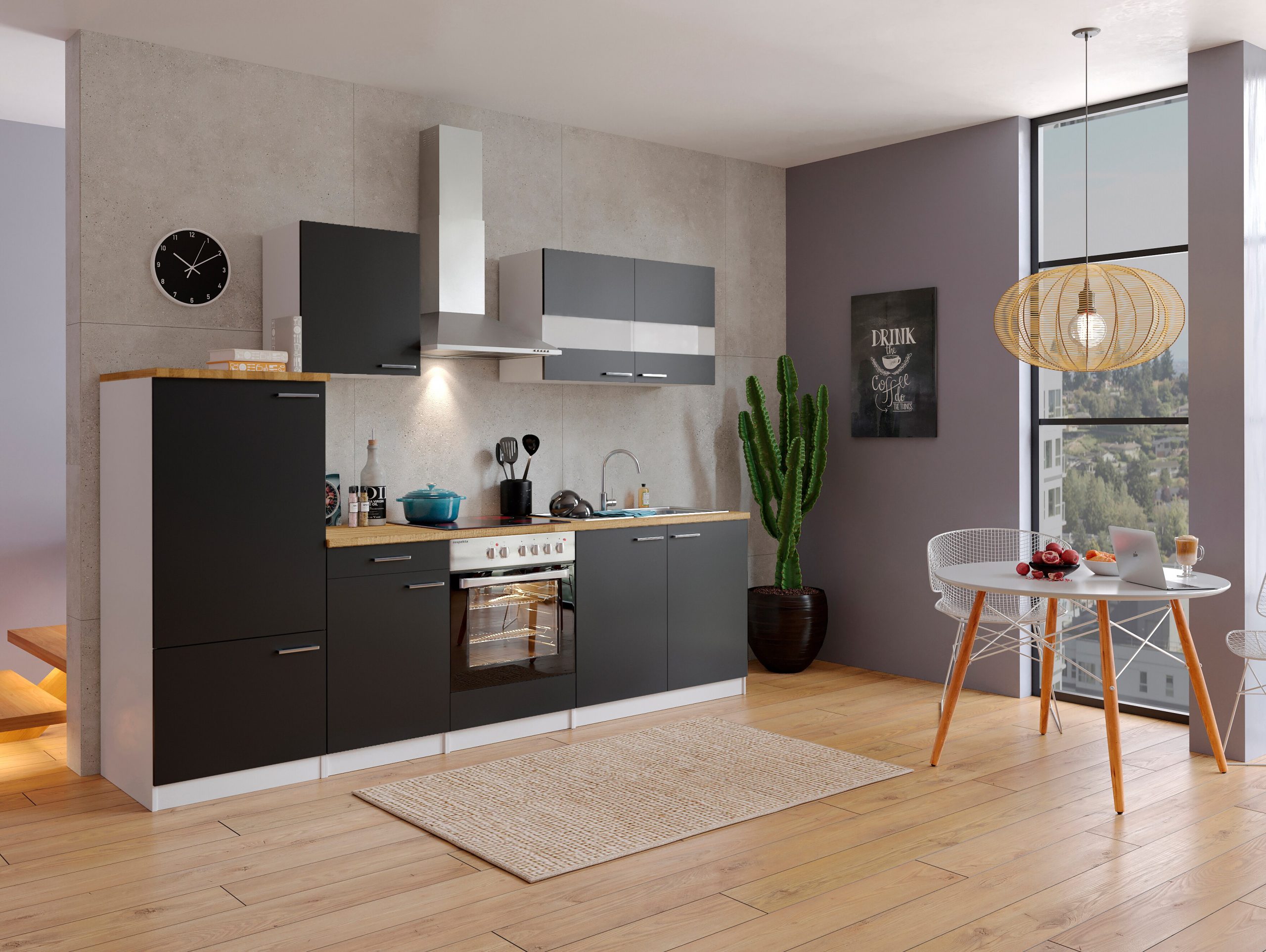 Respekta Küchenzeile KB270WSC 270 cm Weiß - Schwarz