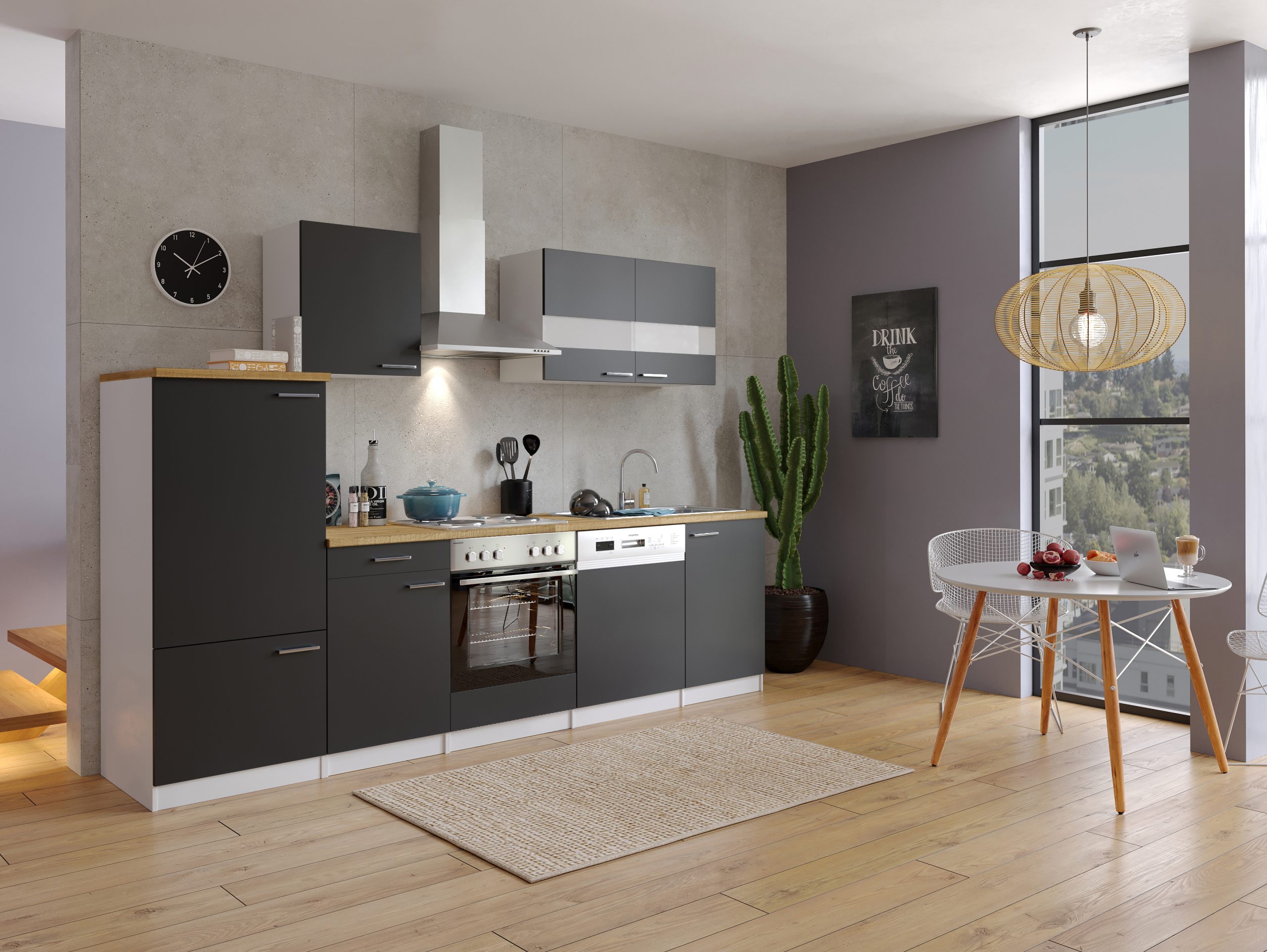 Respekta Küchenzeile KB280WS 280 cm Weiß - Schwarz