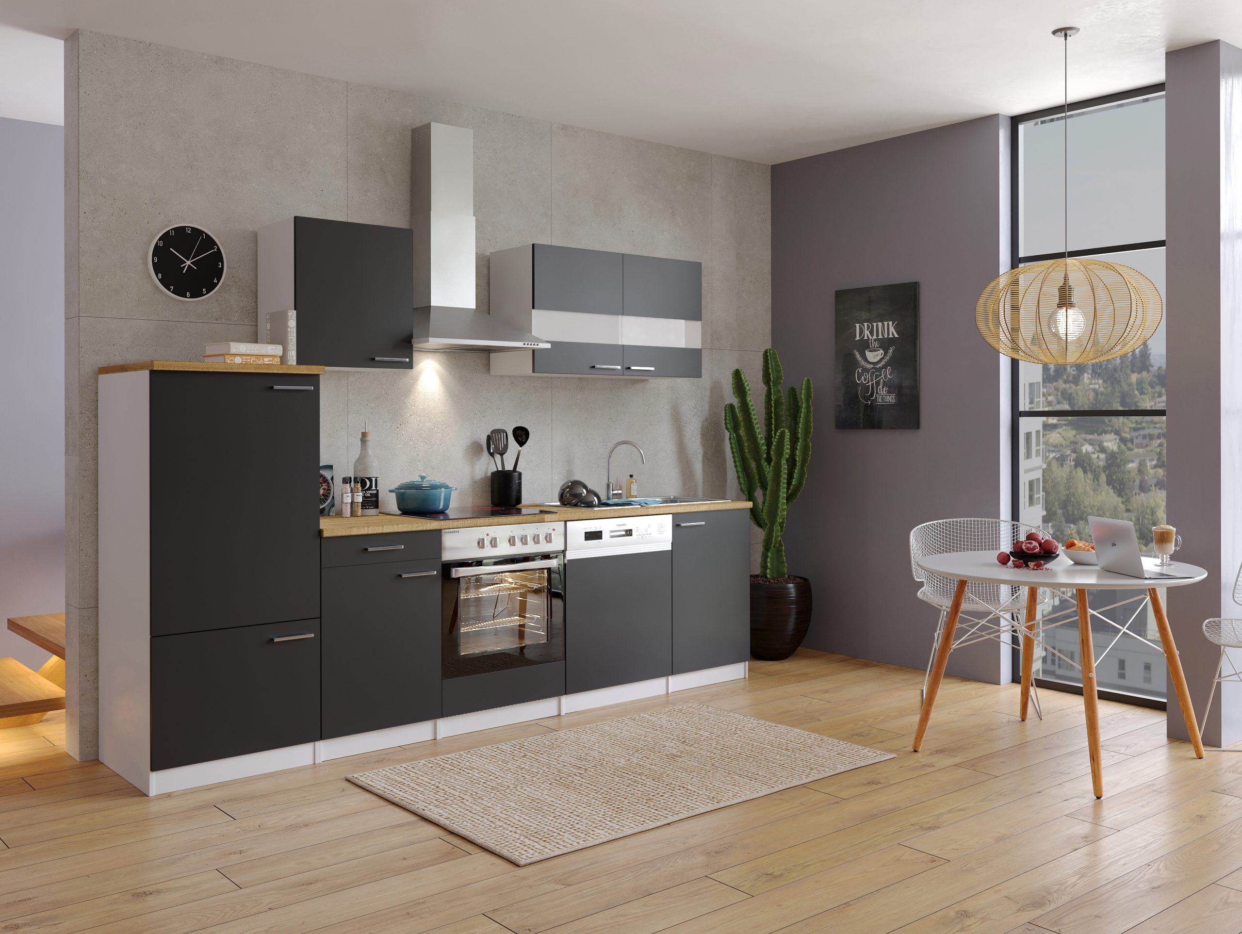 Respekta Küchenzeile KB280WSC 280 cm Weiß - Schwarz mit Glaskeramik