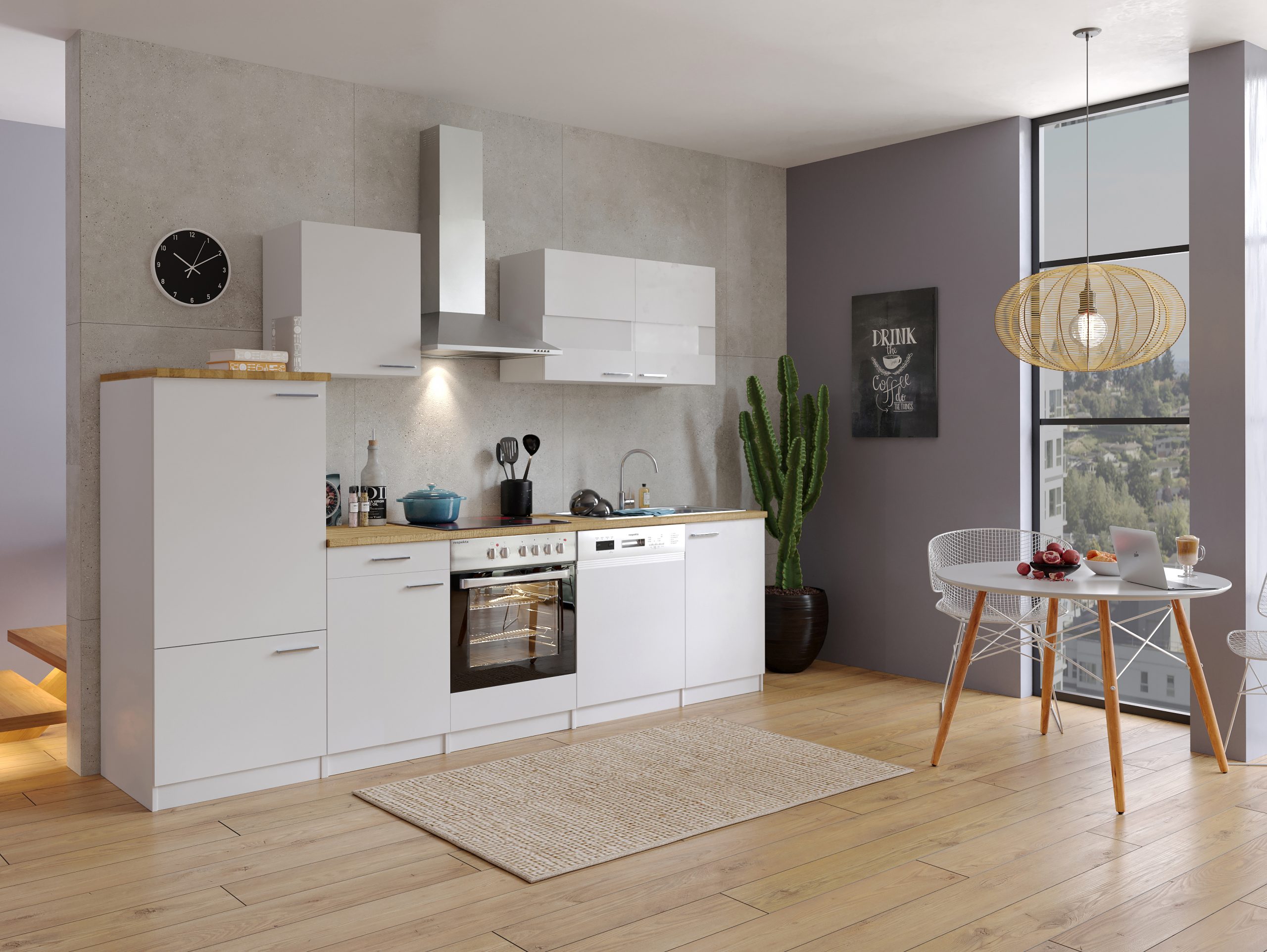 Respekta Küchenzeile KB280WWC 280 cm Weiß mit Glaskeramik