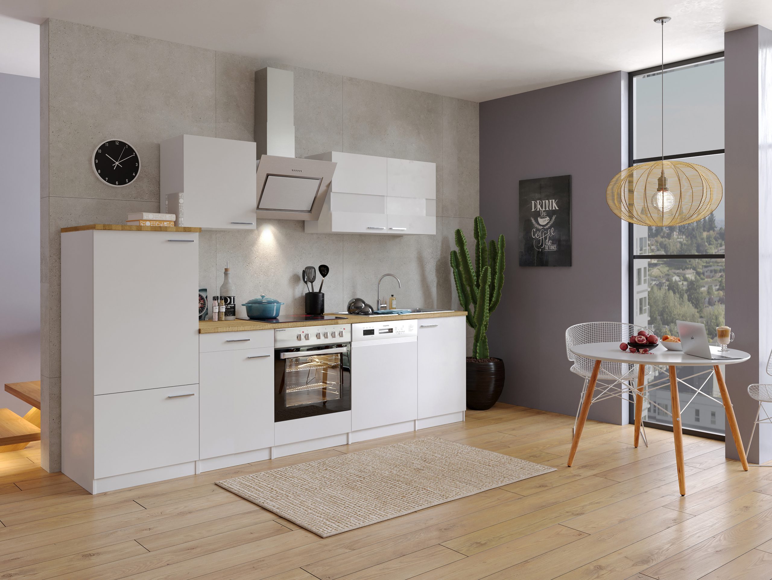 Respekta Küchenzeile KB280WWSC 280 cm Weiß mit Glaskeramik