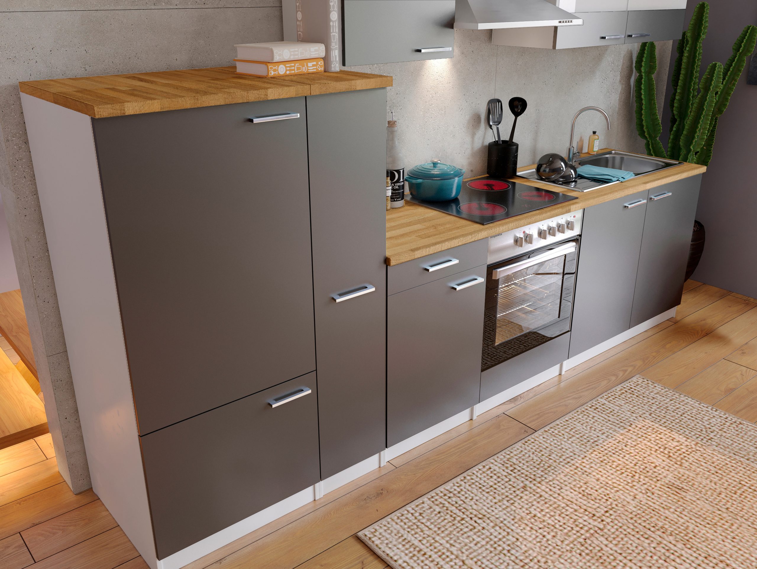 Respekta Küchenzeile KB300WGC 300 cm Weiß - Grau