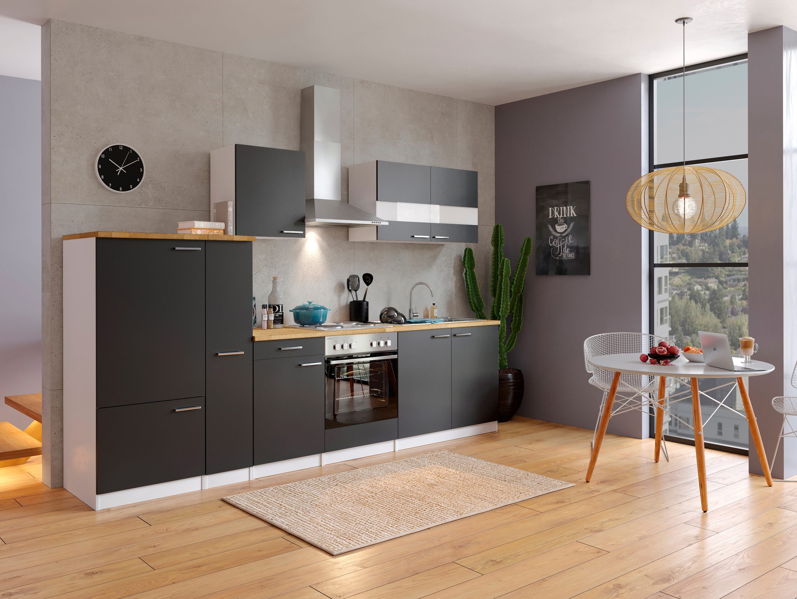 Respekta Küchenzeile KB300WS 300 cm Weiß - Schwarz