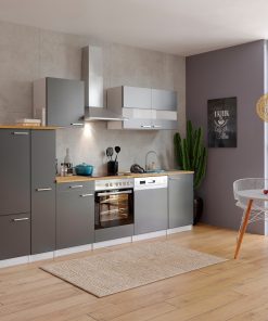 Respekta Küchenzeile KB310WGC 310 cm Weiß - Grau mit Glaskeramikkochfeld